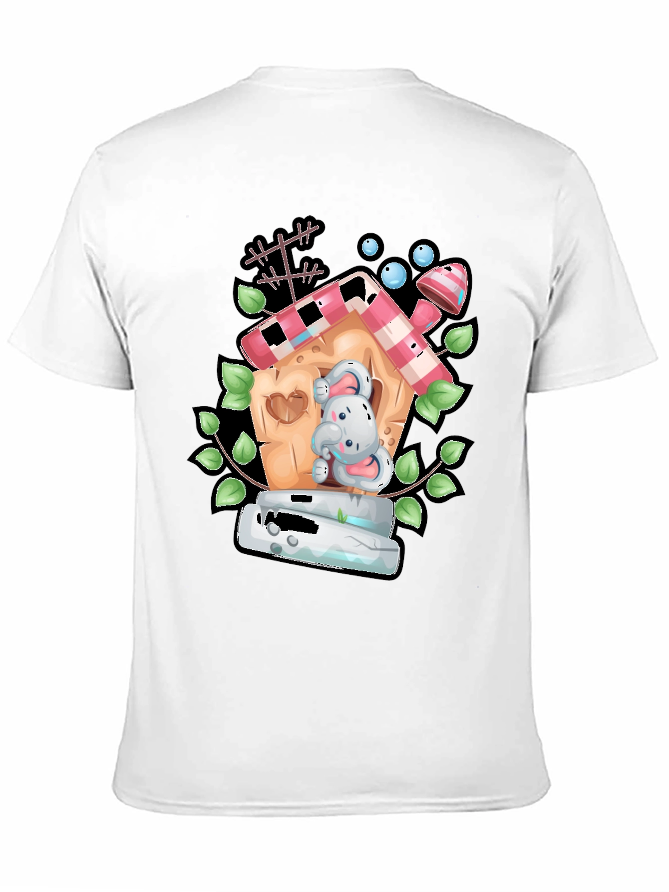 Cartoon Bunny in Birdhouse Black T-Shirt