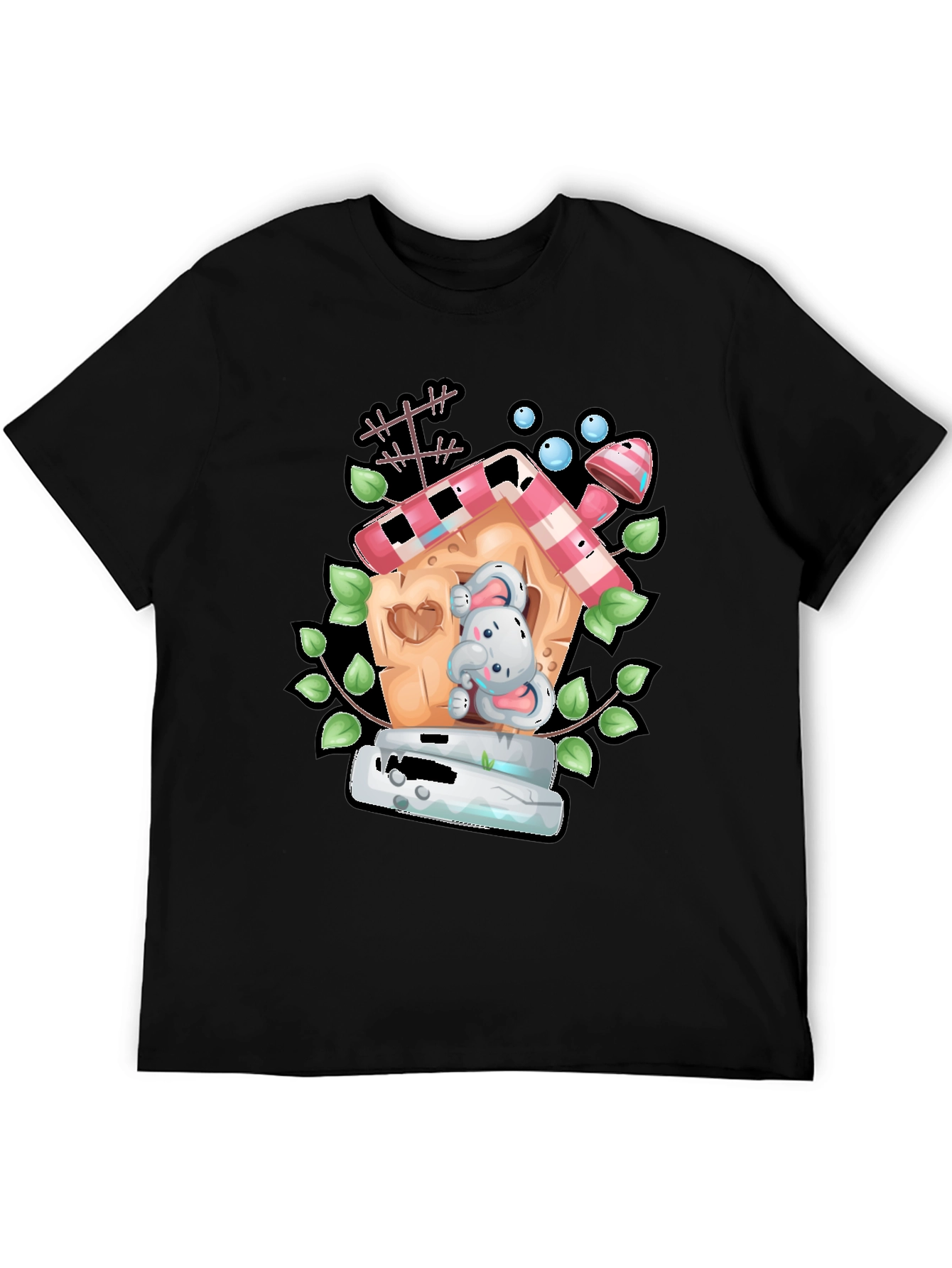 Cartoon Bunny in Birdhouse Black T-Shirt