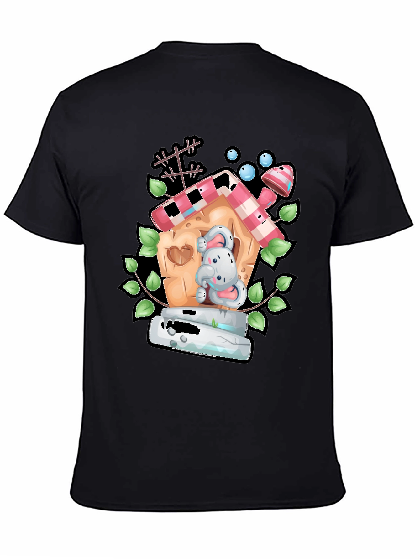 Cartoon Bunny in Birdhouse Black T-Shirt