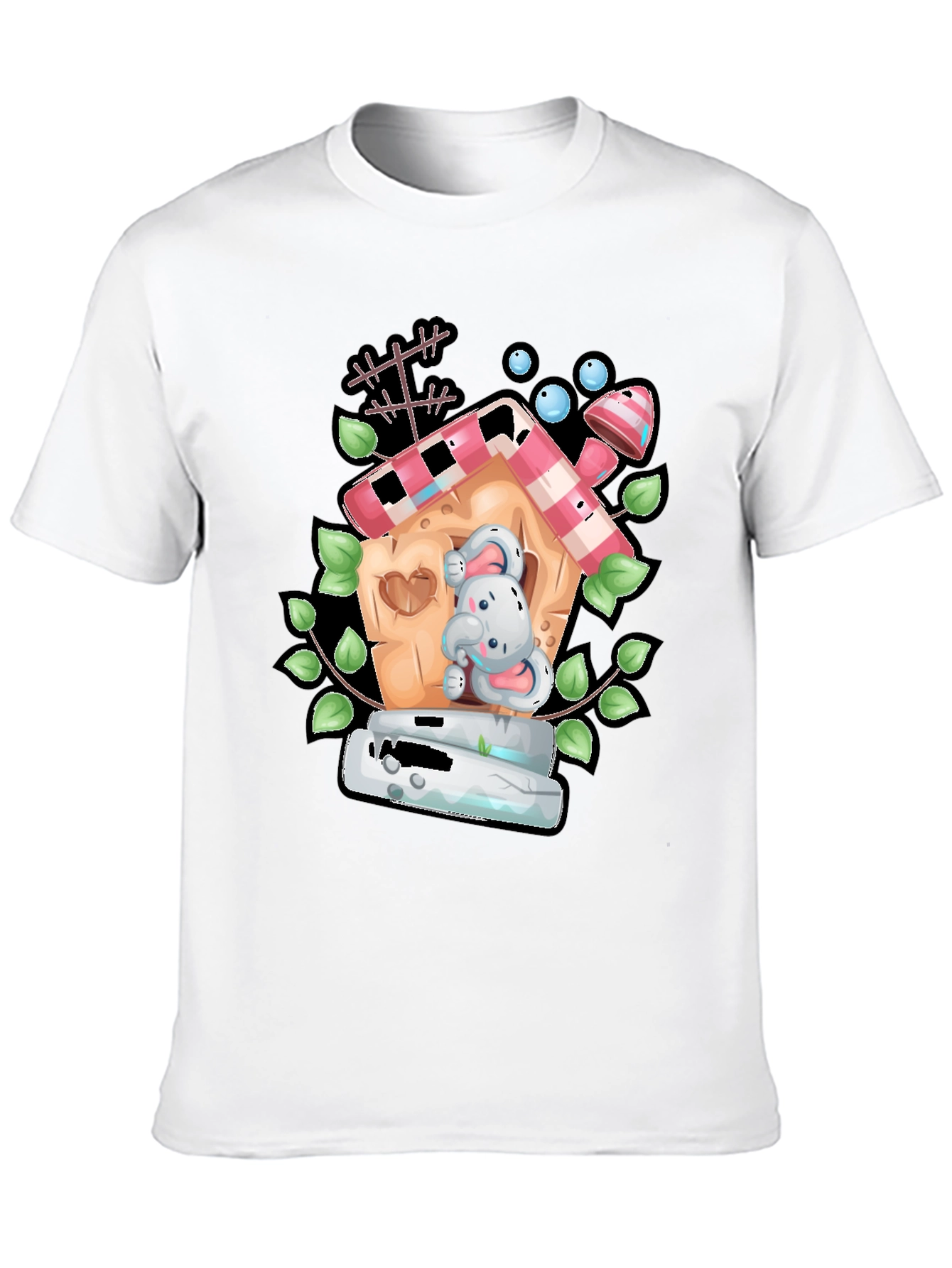 Cartoon Bunny in Birdhouse Black T-Shirt
