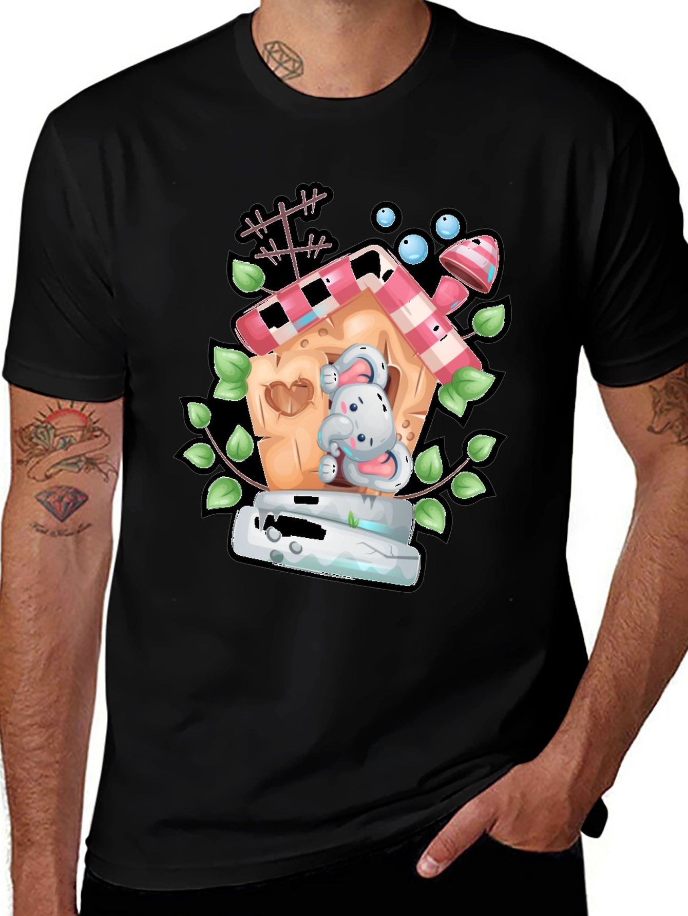 Cartoon Bunny in Birdhouse Black T-Shirt