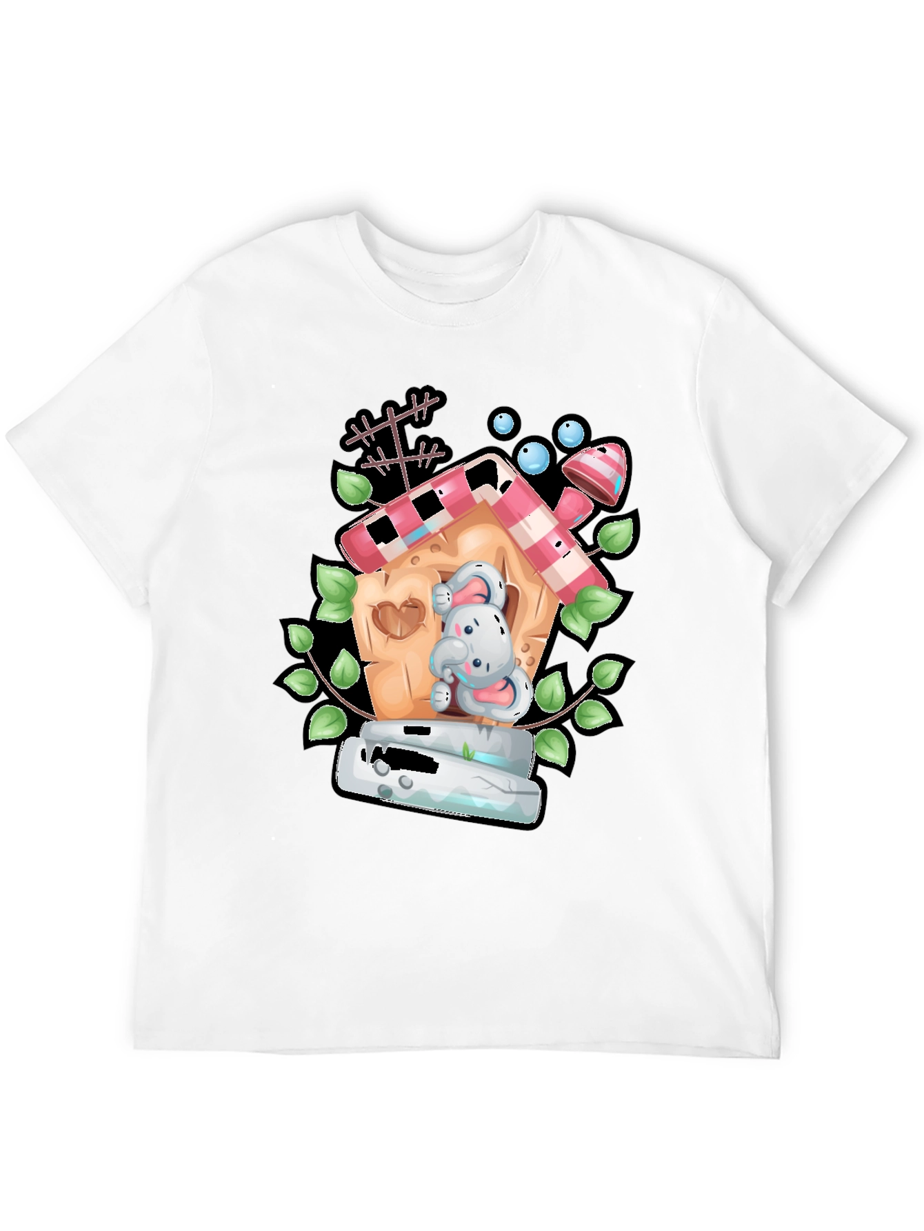 Cartoon Bunny in Birdhouse Black T-Shirt