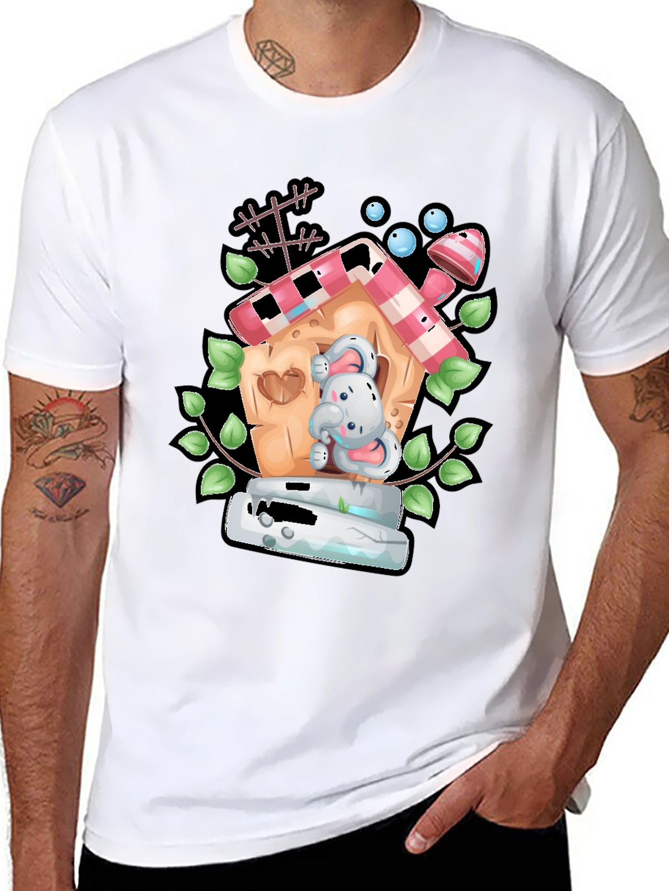 Cartoon Bunny in Birdhouse Black T-Shirt