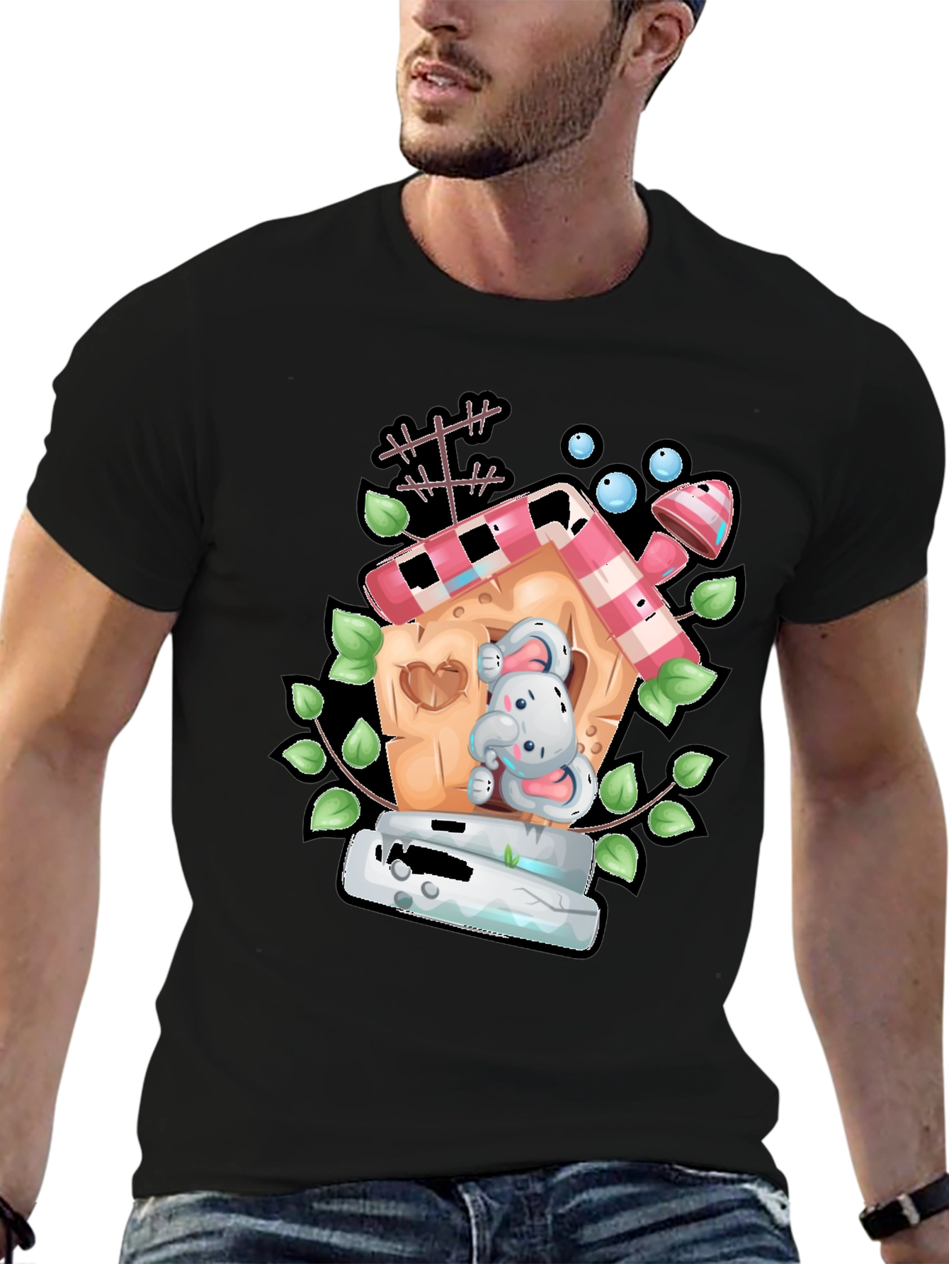 Cartoon Bunny in Birdhouse Black T-Shirt