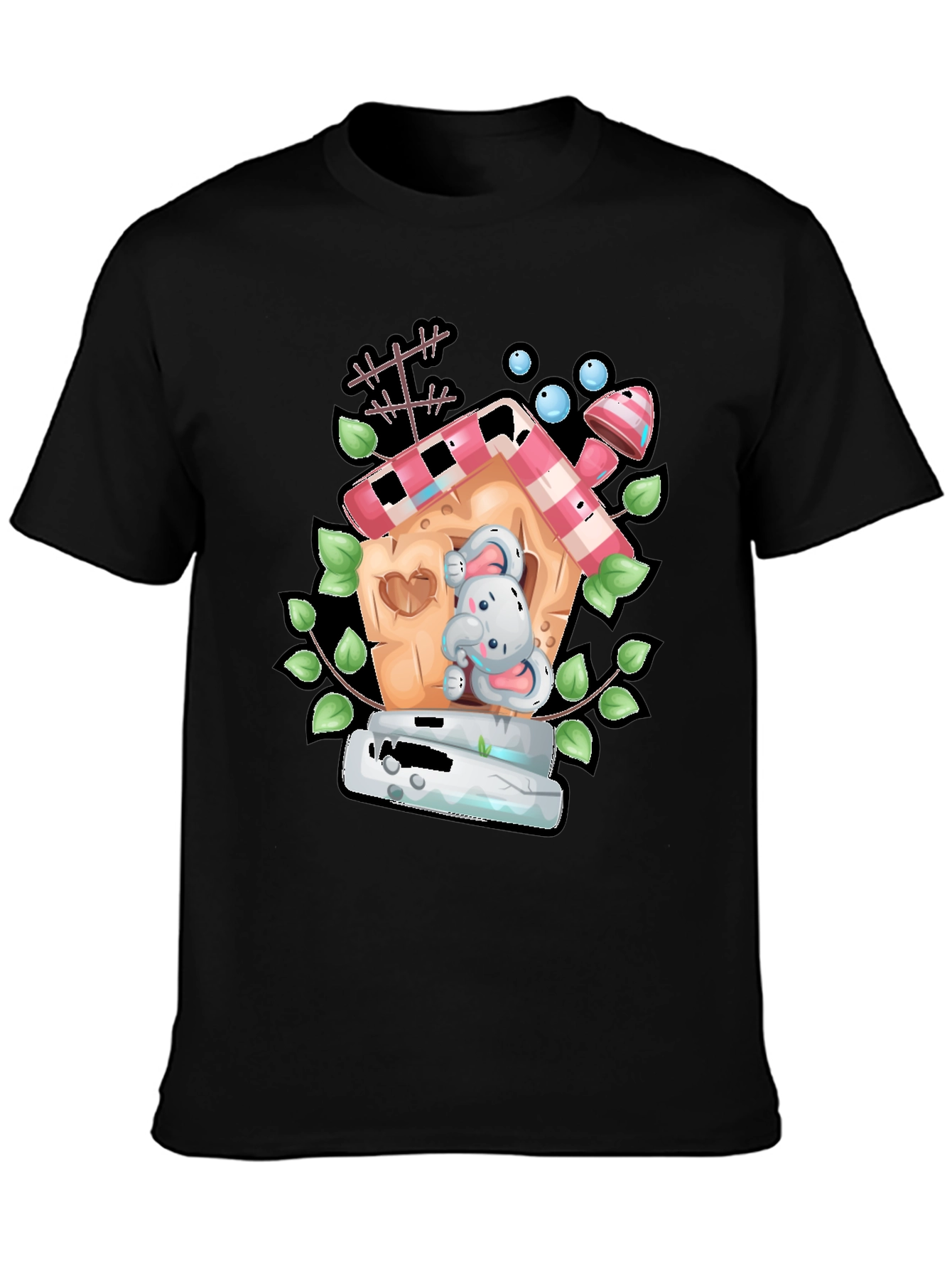 Cartoon Bunny in Birdhouse Black T-Shirt