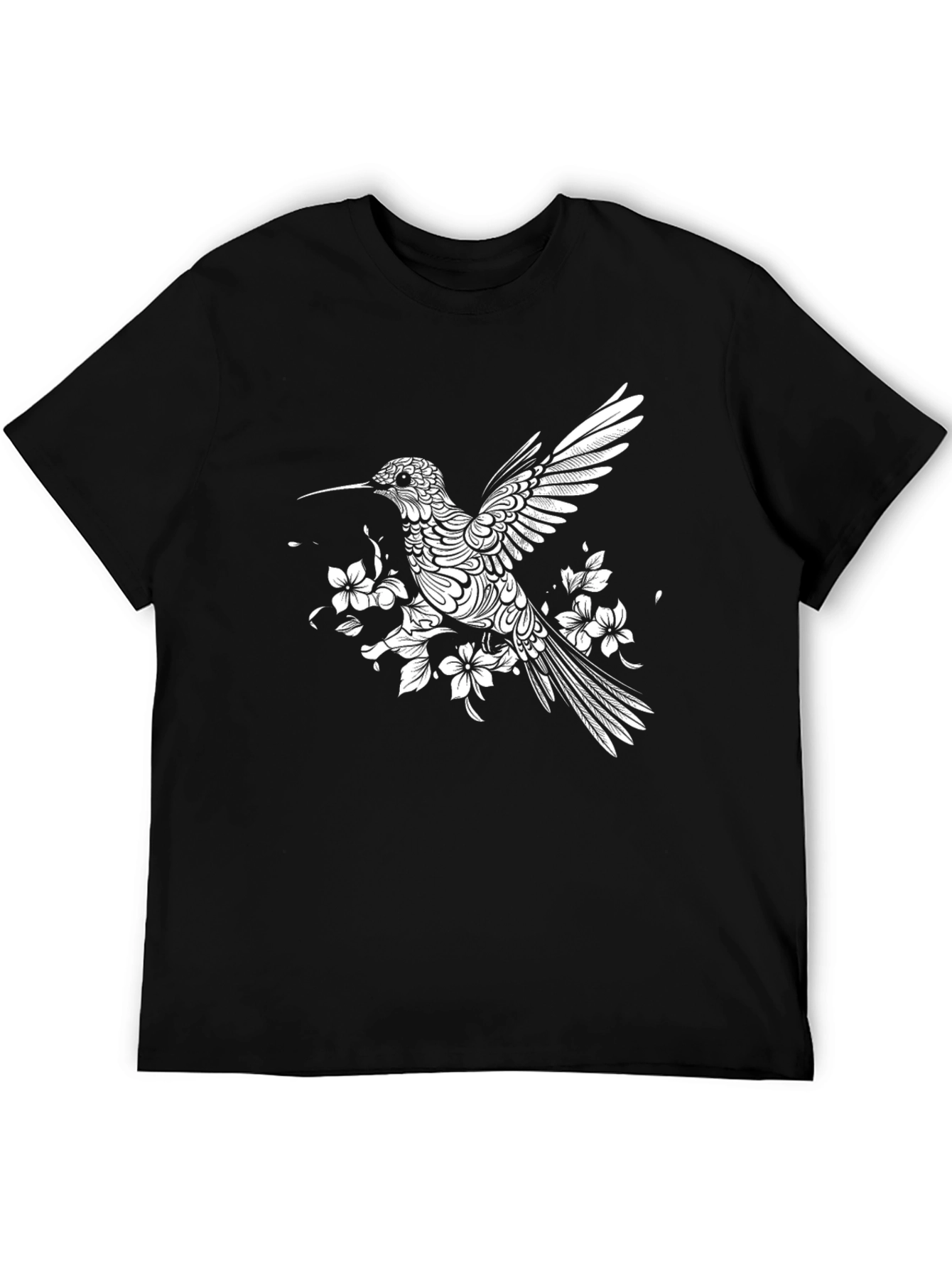 Hummingbird Floral Print Black T-Shirt