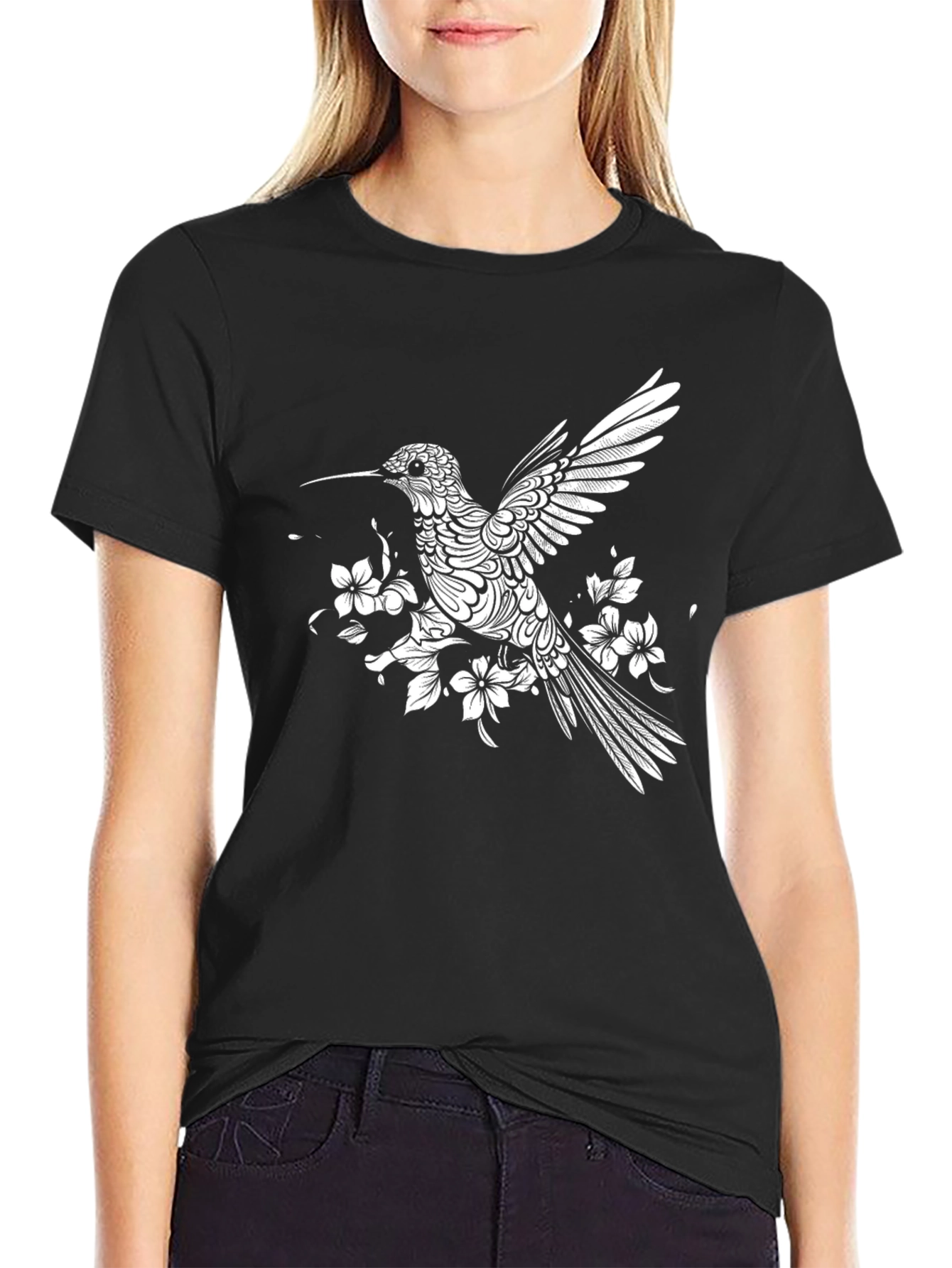 Hummingbird Floral Print Black T-Shirt
