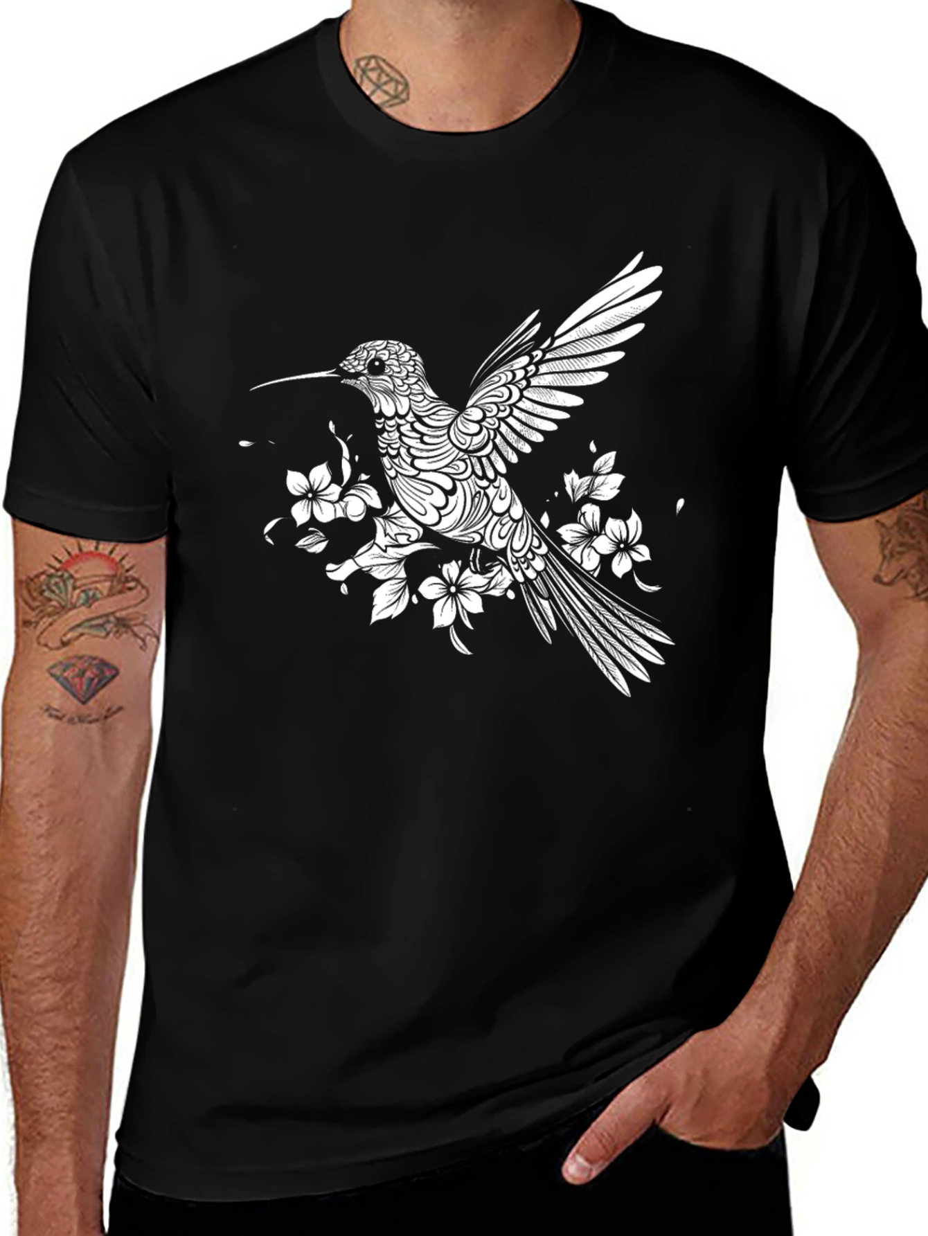 Hummingbird Floral Print Black T-Shirt