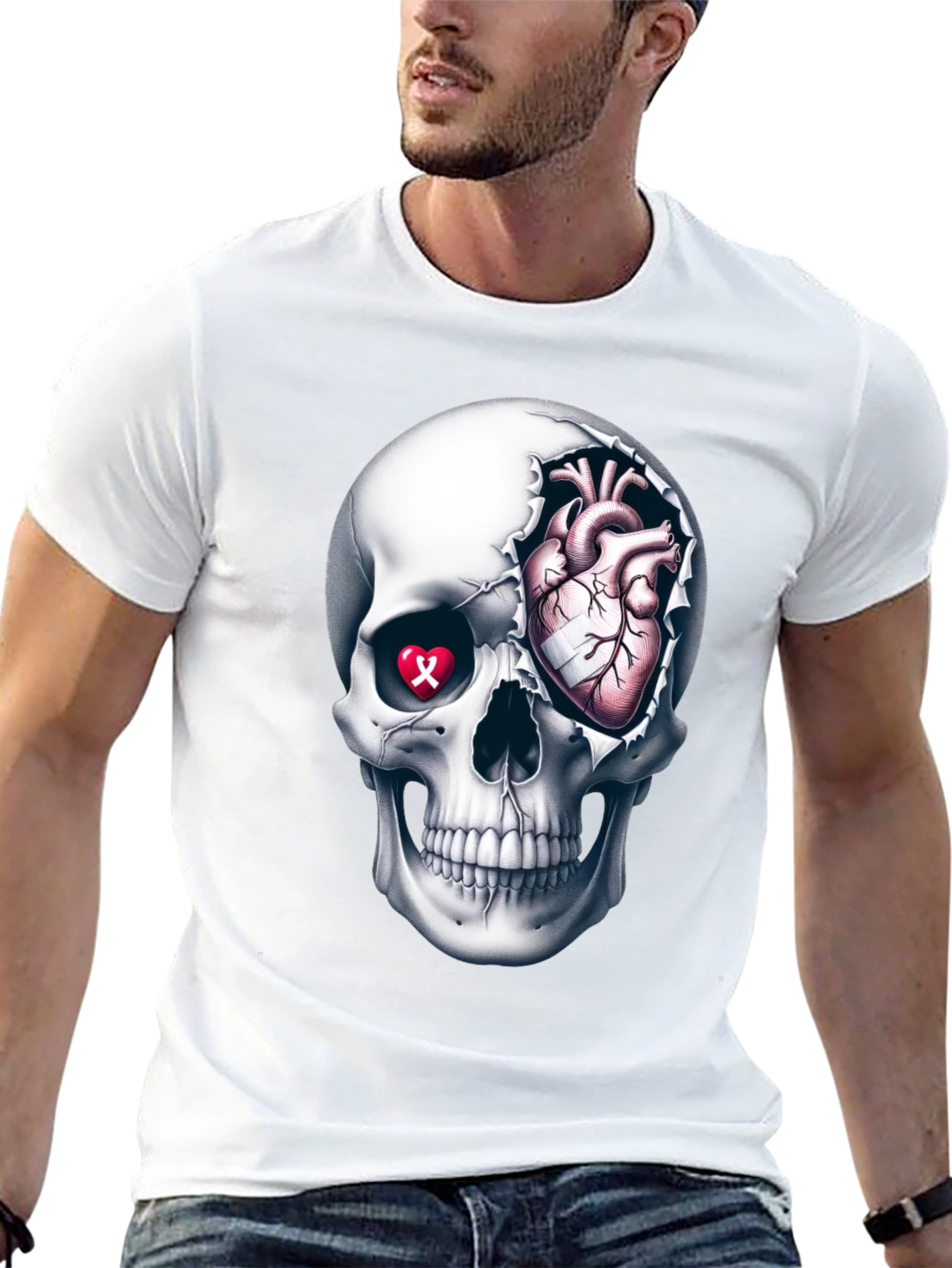 Skull and Heart Graphic Tee - Edgy Style