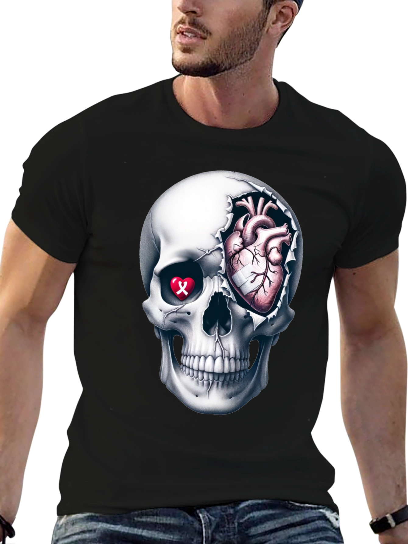 Skull and Heart Graphic Tee - Edgy Style