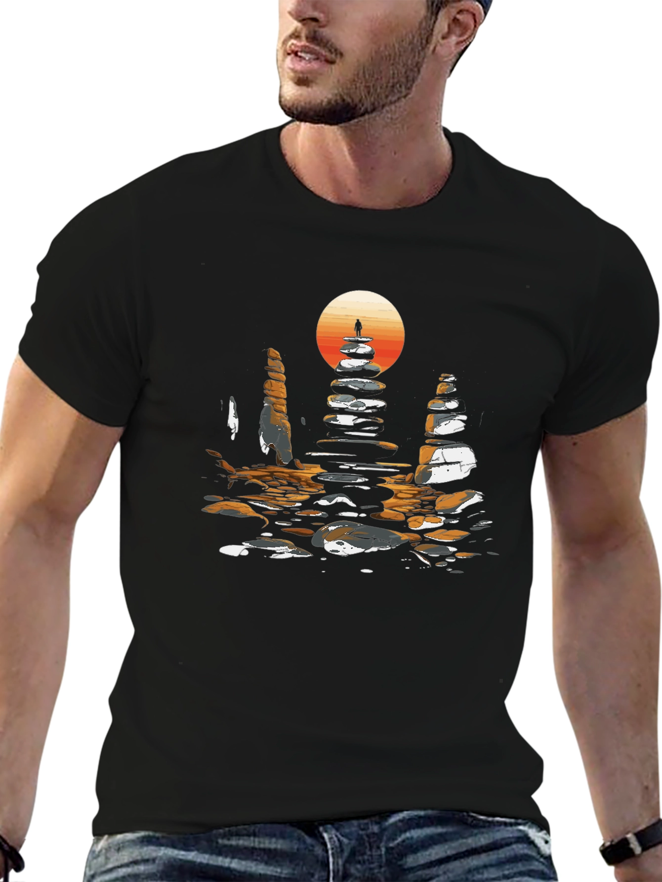 Zen Rock Stack T-Shirt - Sunset Silhouette