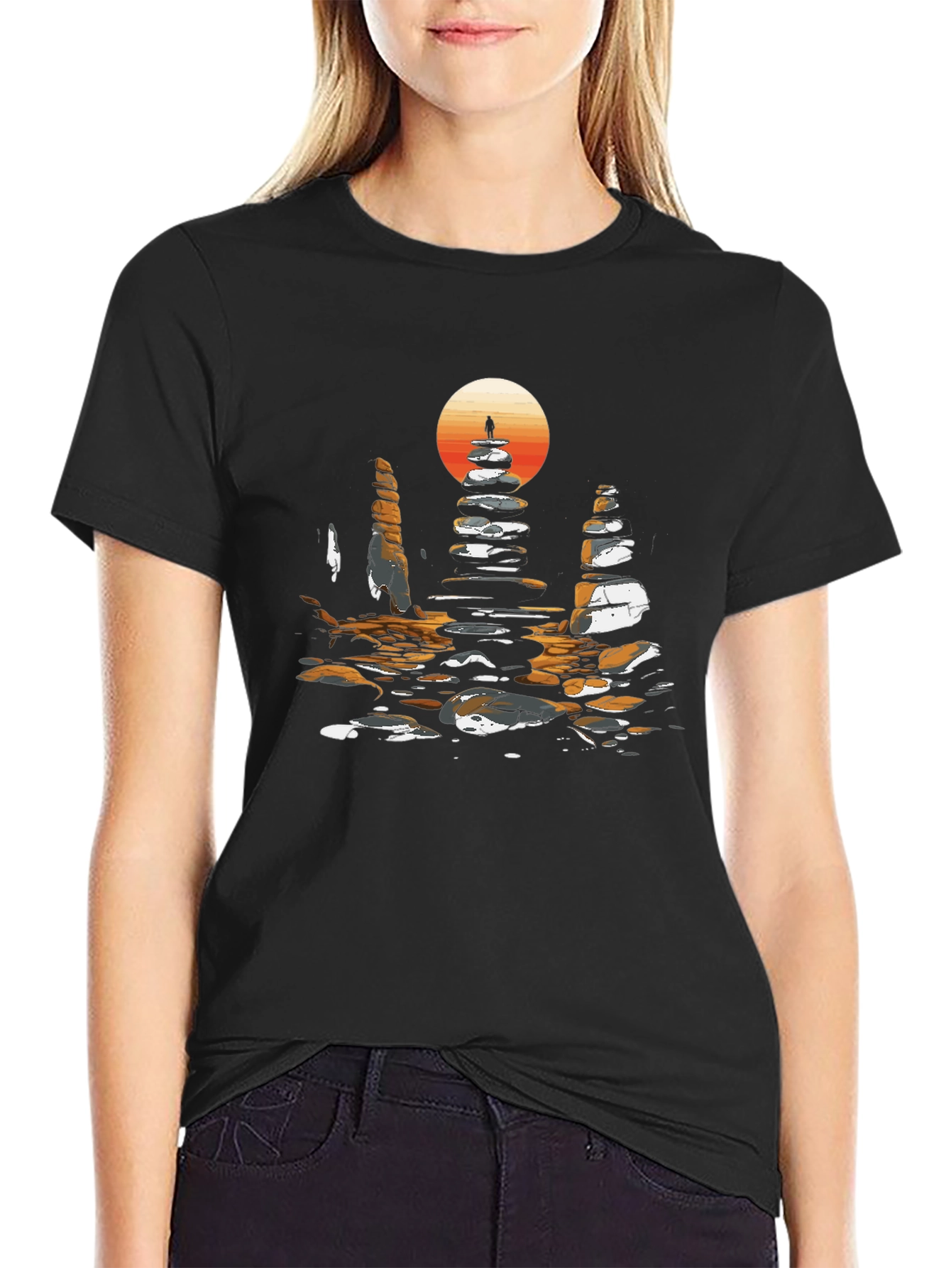 Zen Rock Stack T-Shirt - Sunset Silhouette