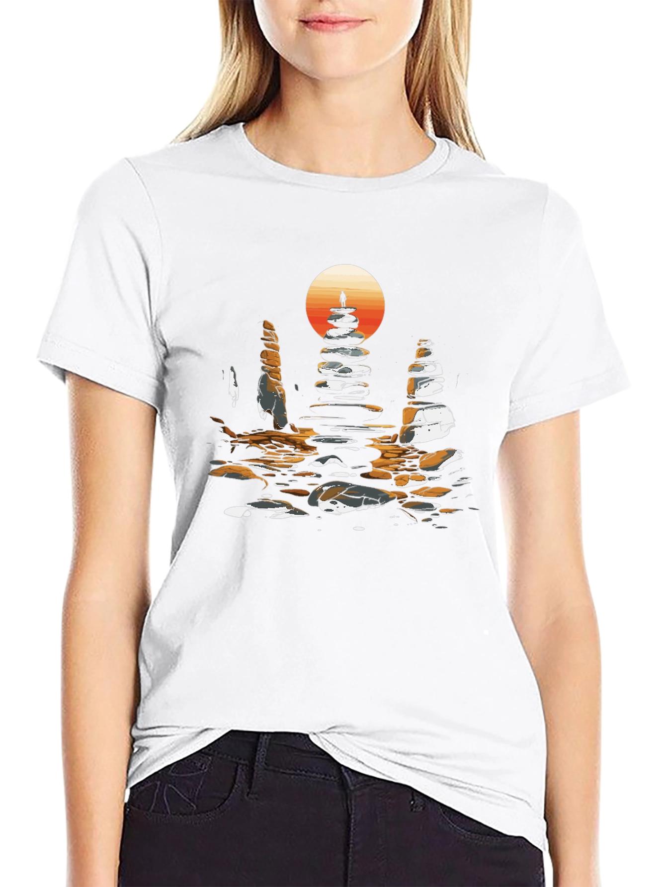 Zen Rock Stack T-Shirt - Sunset Silhouette