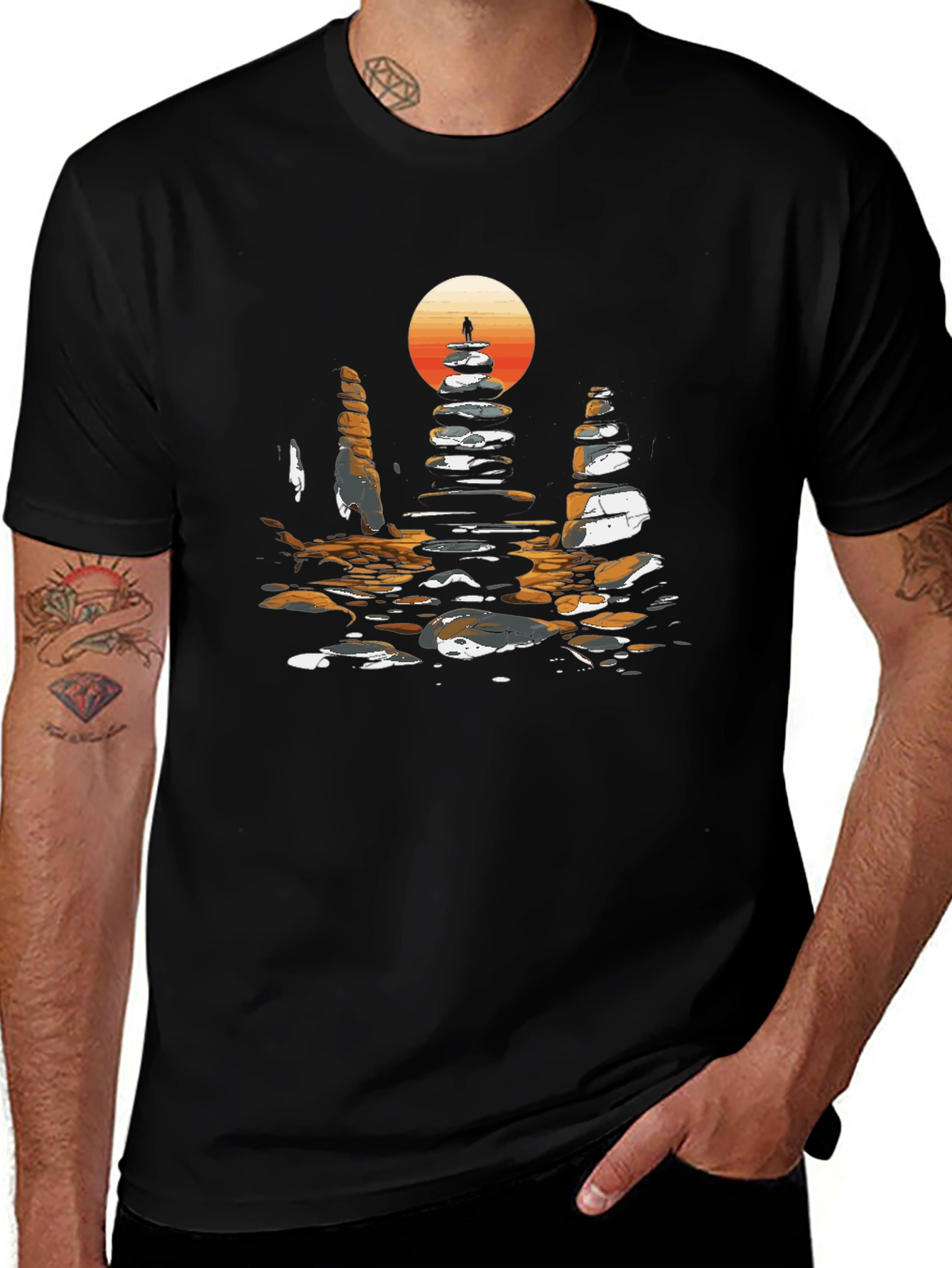 Zen Rock Stack T-Shirt - Sunset Silhouette