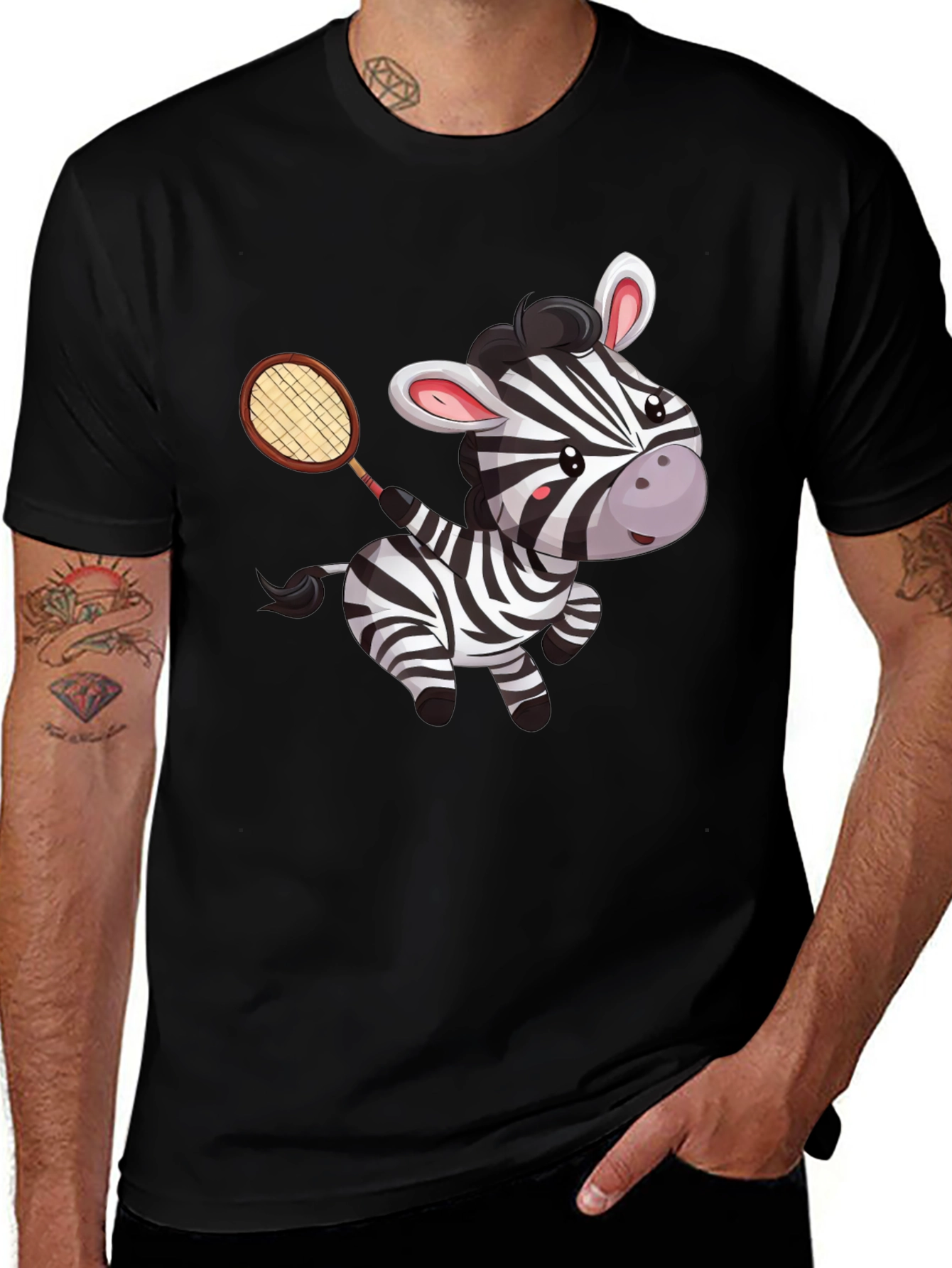 Zebra Tennis Player Black T-Shirt