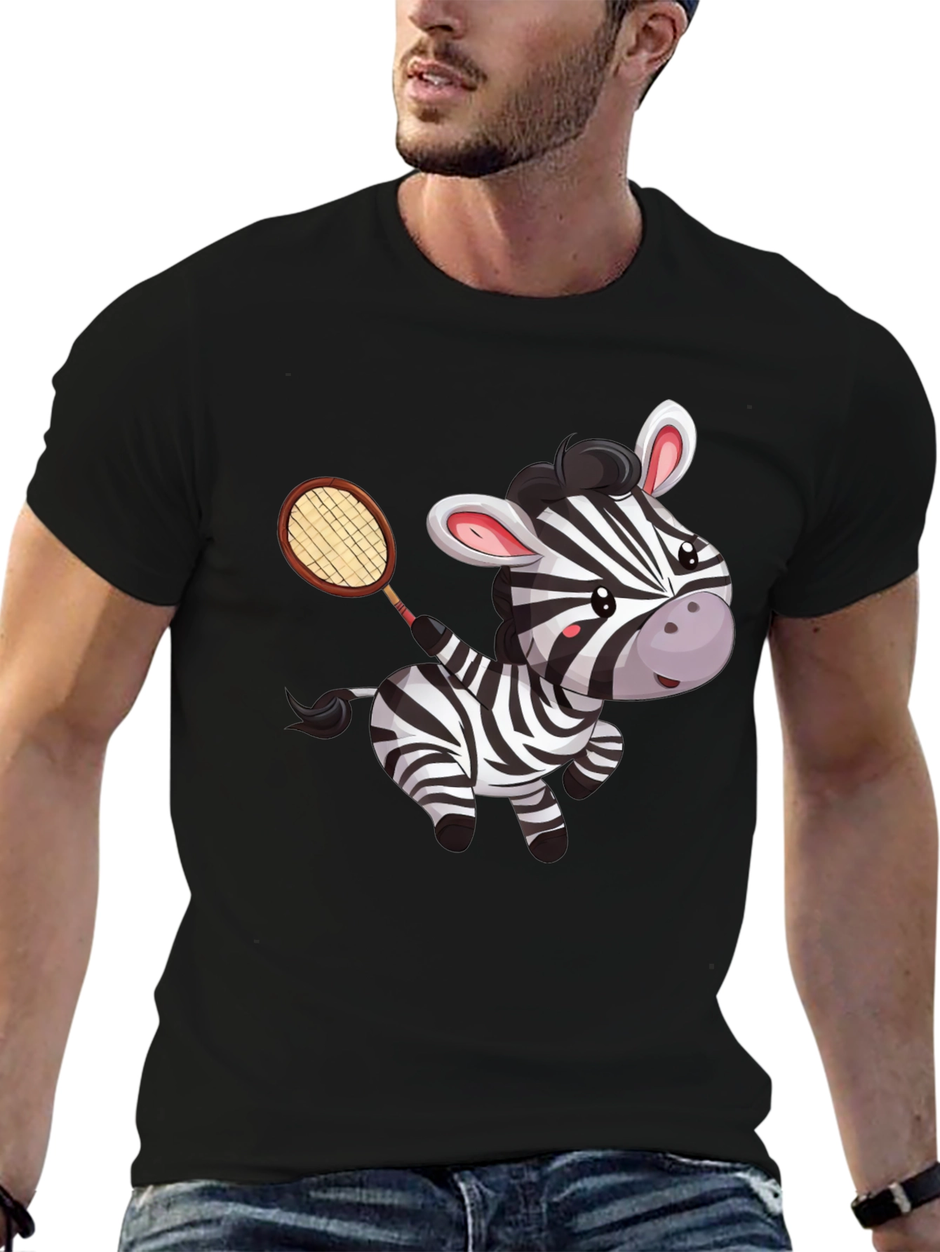 Zebra Tennis Player Black T-Shirt