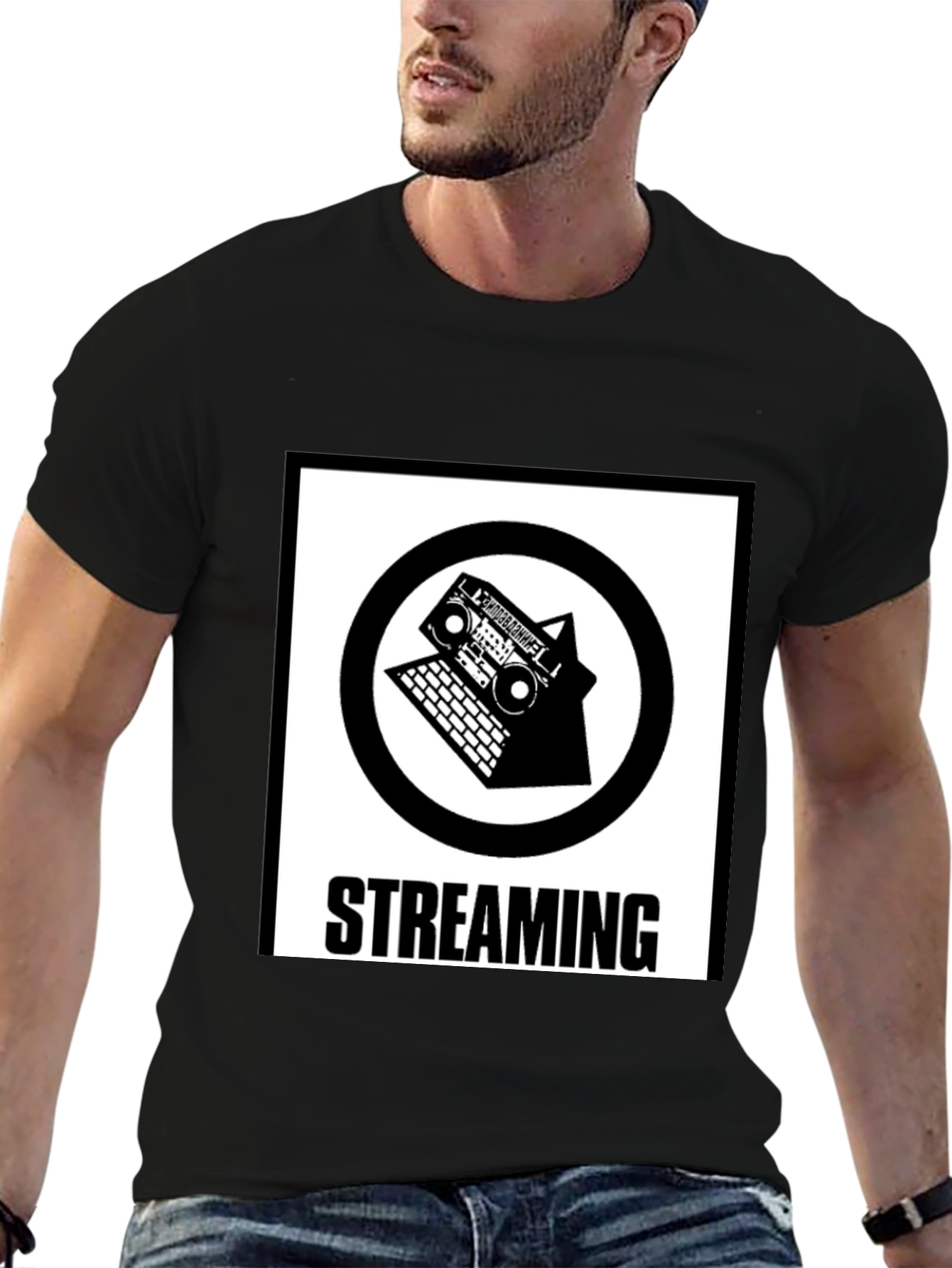 Streaming Music T-Shirt - Retro Boombox & Laptop Design