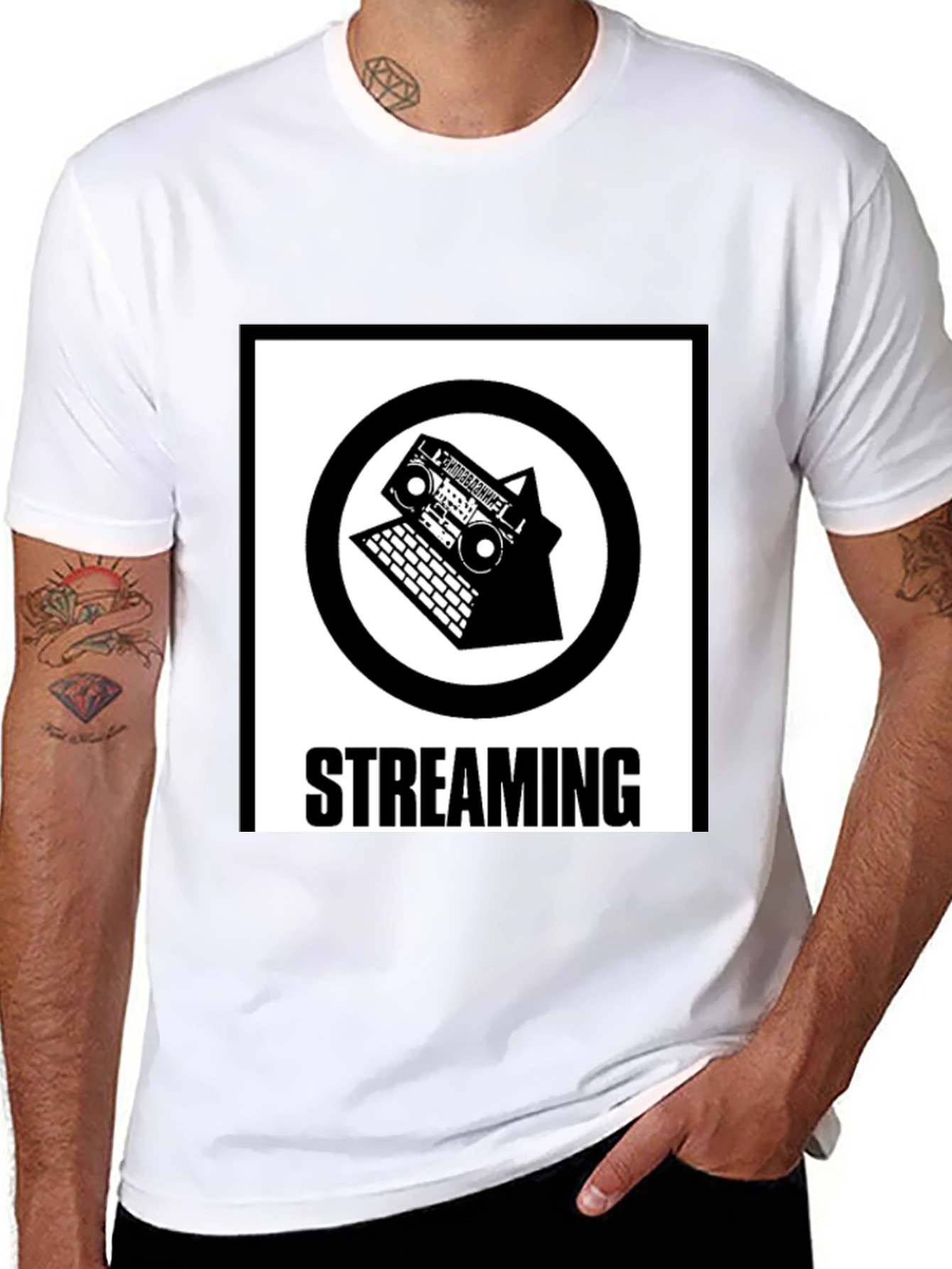 Streaming Music T-Shirt - Retro Boombox & Laptop Design