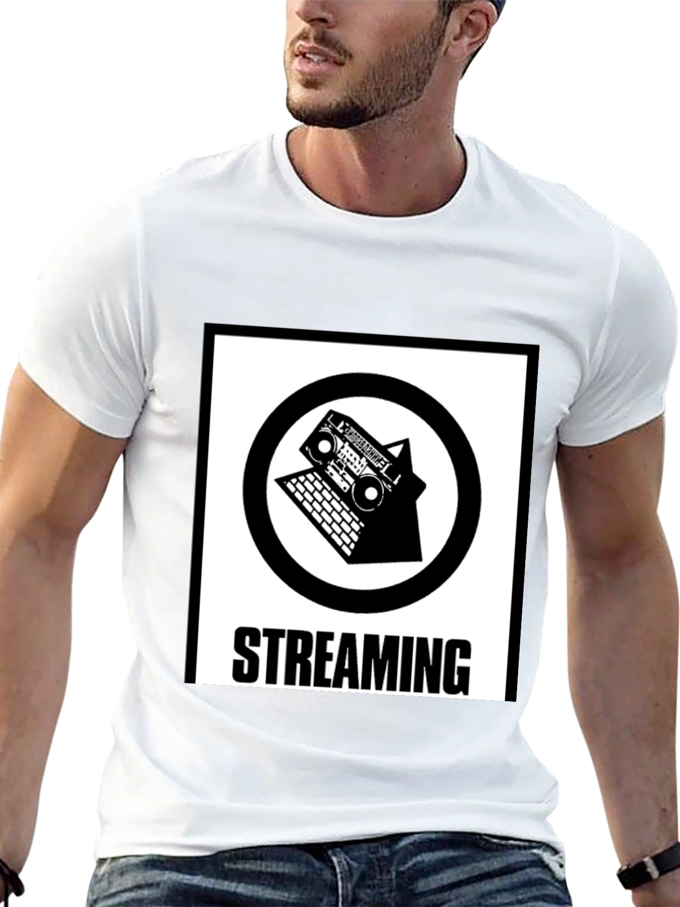 Streaming Music T-Shirt - Retro Boombox & Laptop Design