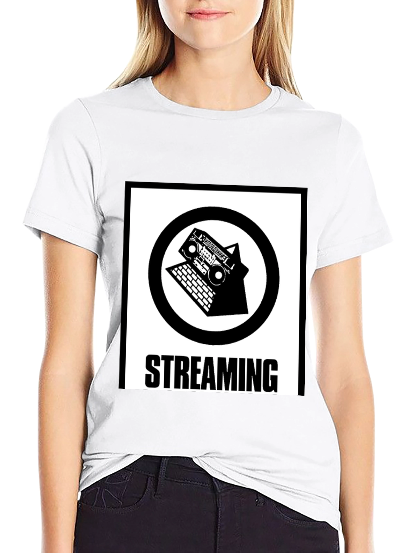 Streaming Music T-Shirt - Retro Boombox & Laptop Design