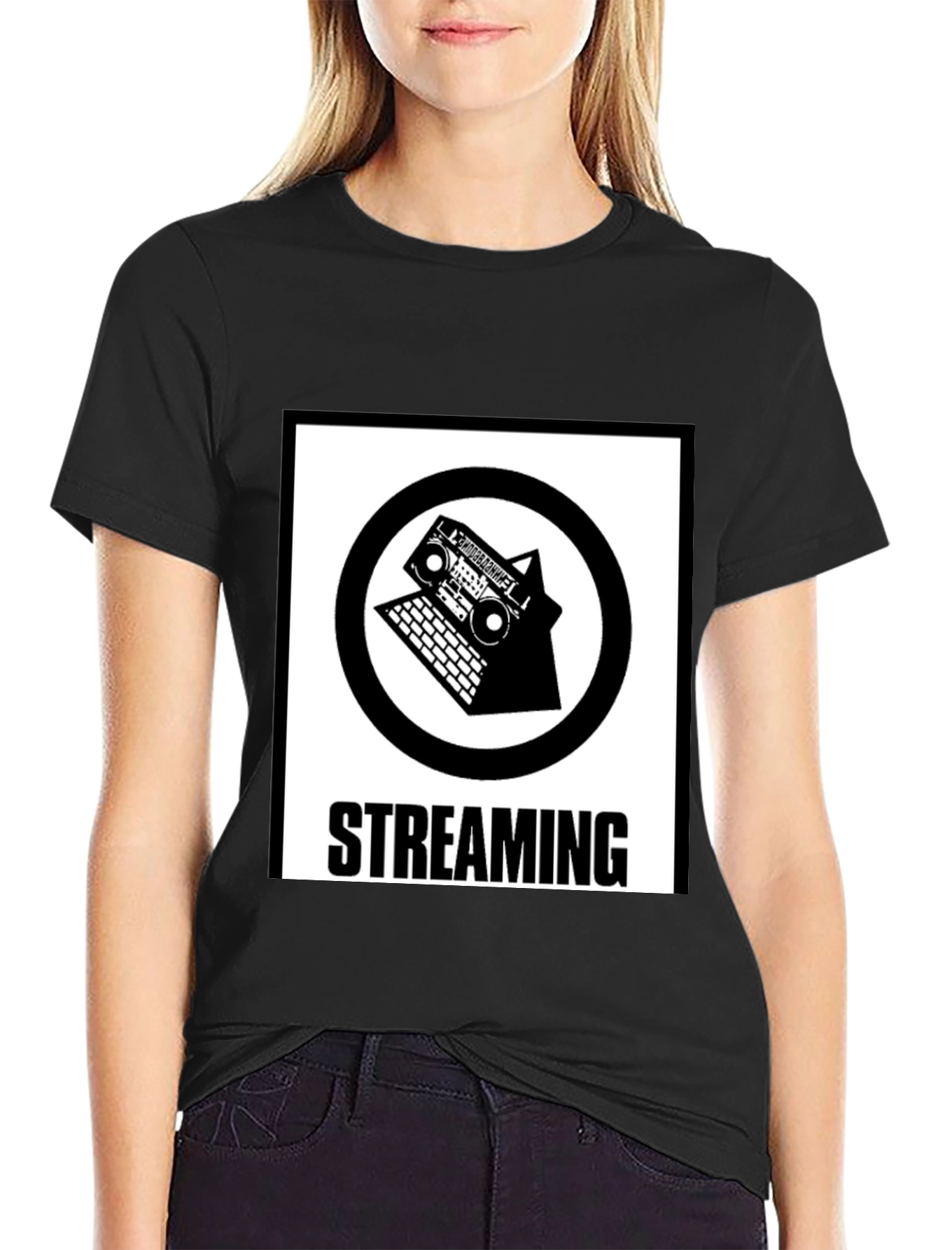 Streaming Music T-Shirt - Retro Boombox & Laptop Design