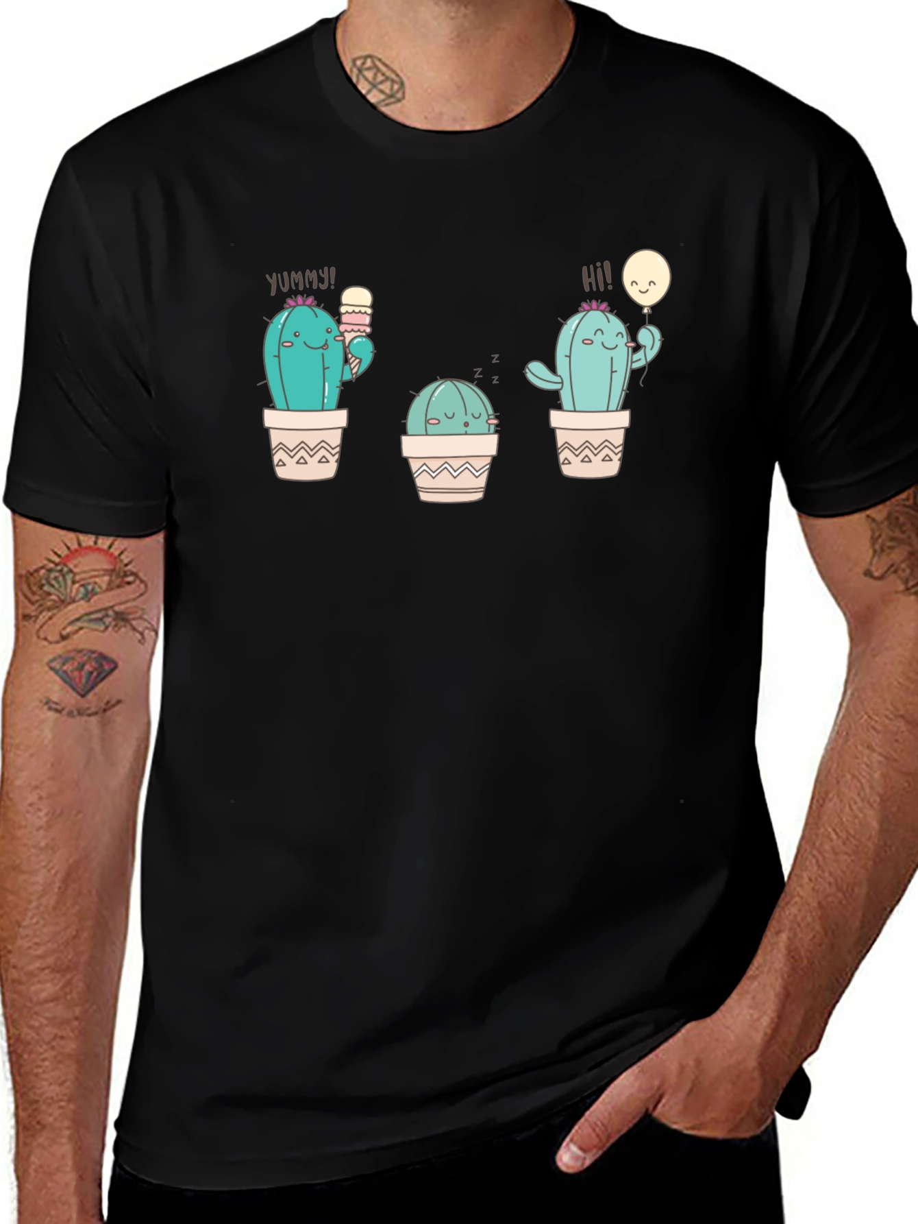 Cute Cactus Graphic Tee - Black Cotton T-Shirt