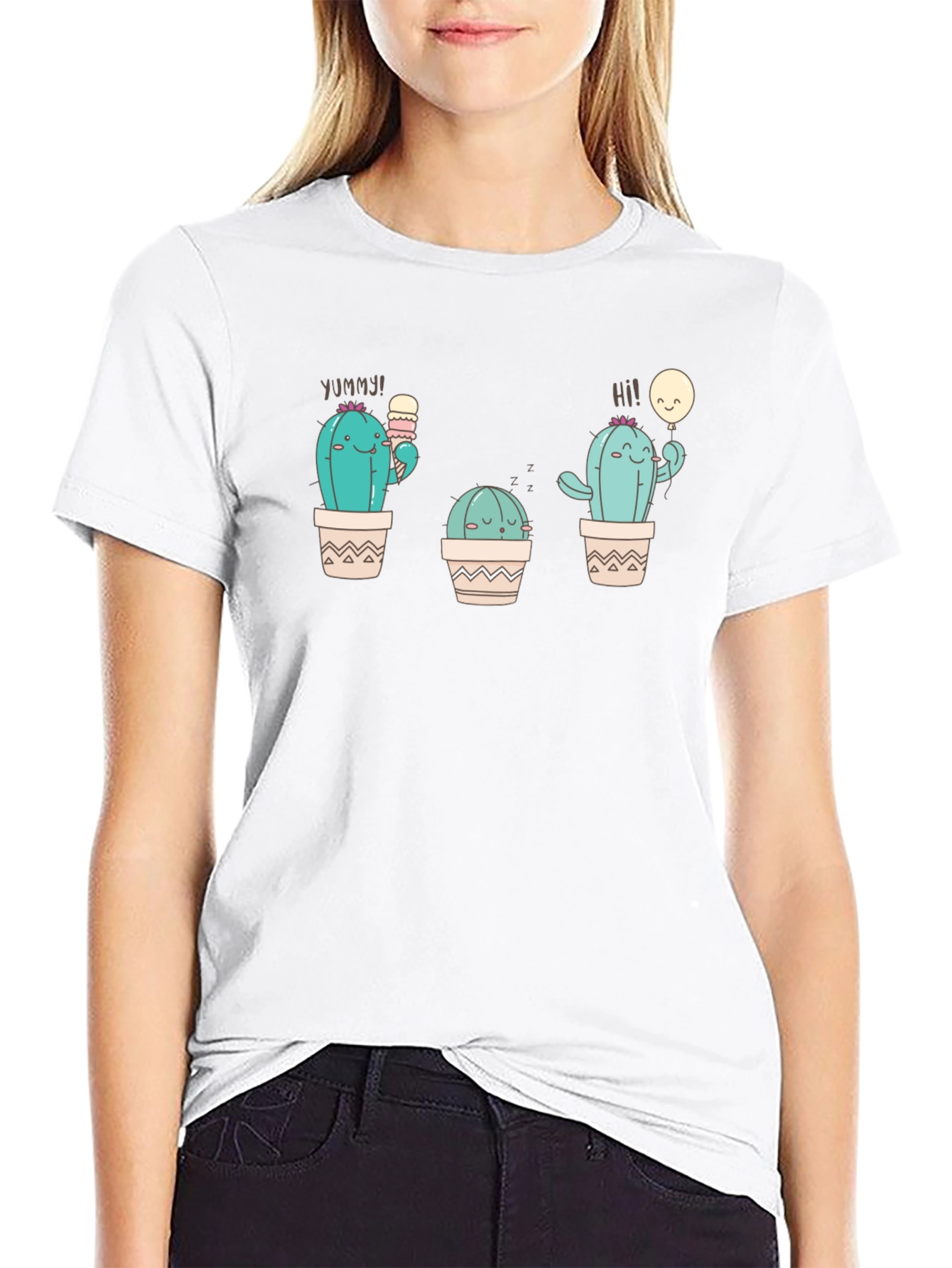 Cute Cactus Graphic Tee - Black Cotton T-Shirt