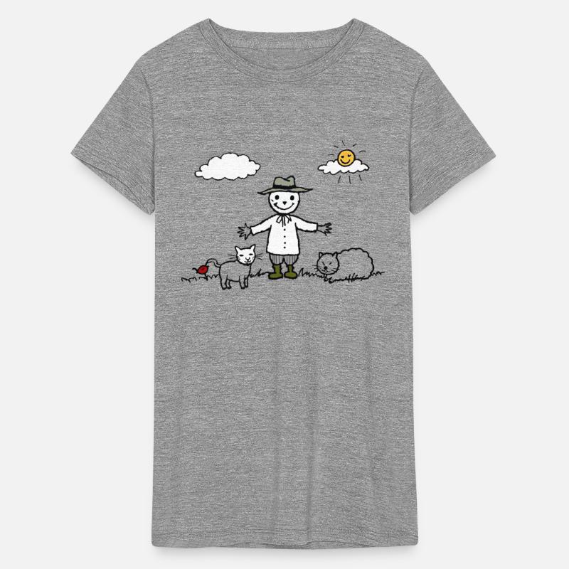 Scarecrow, smiling happily surrounded by animals.