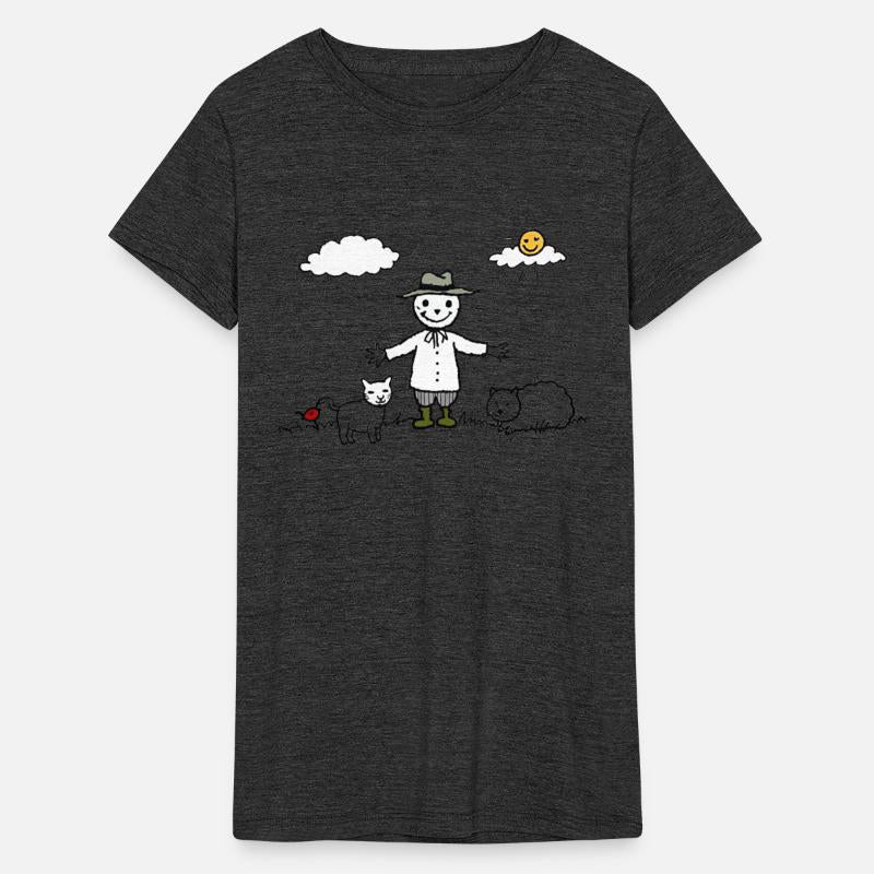 Scarecrow, smiling happily surrounded by animals.