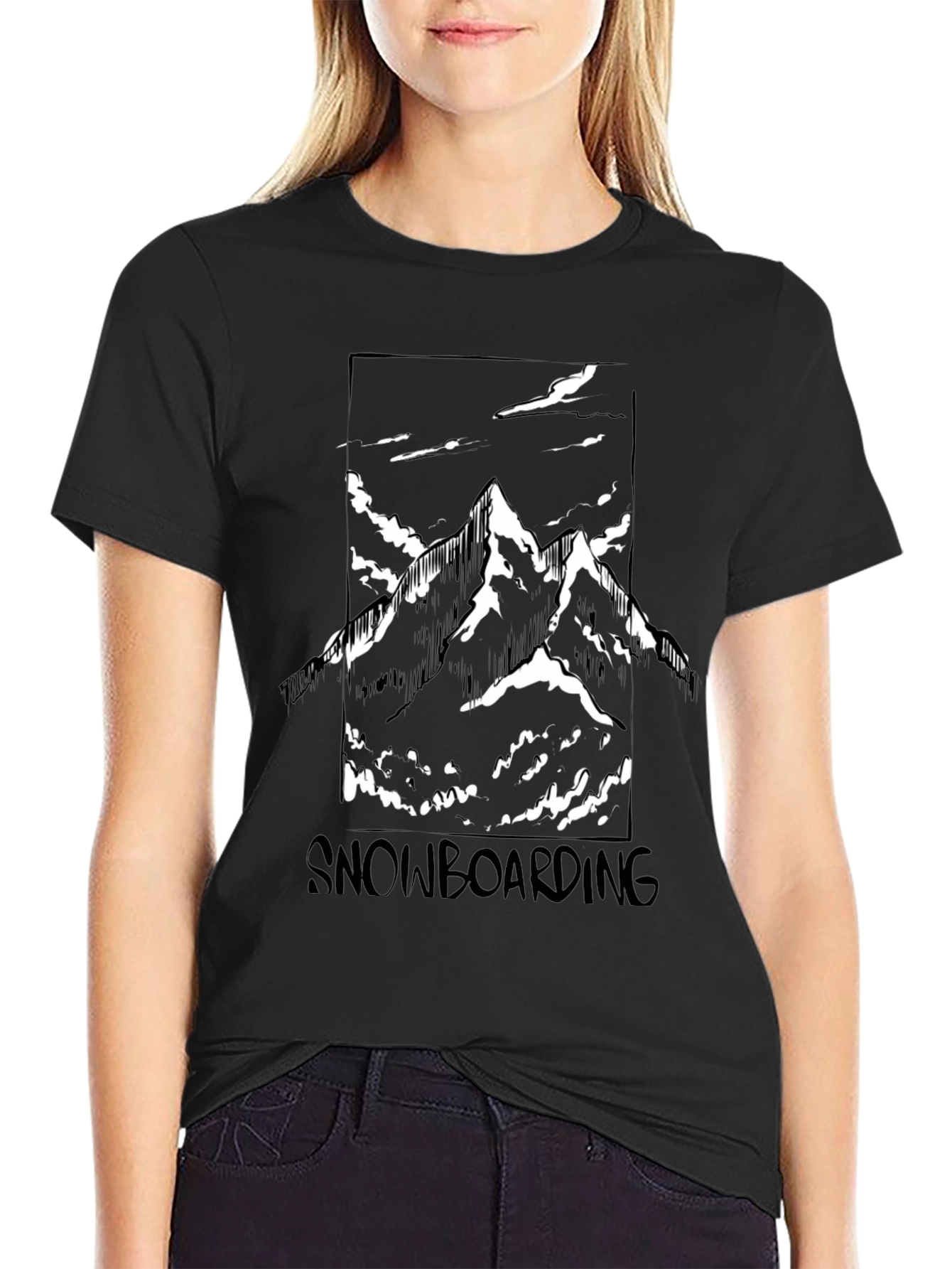 Snowboarding Mountain Graphic Tee - Black Cotton Shirt
