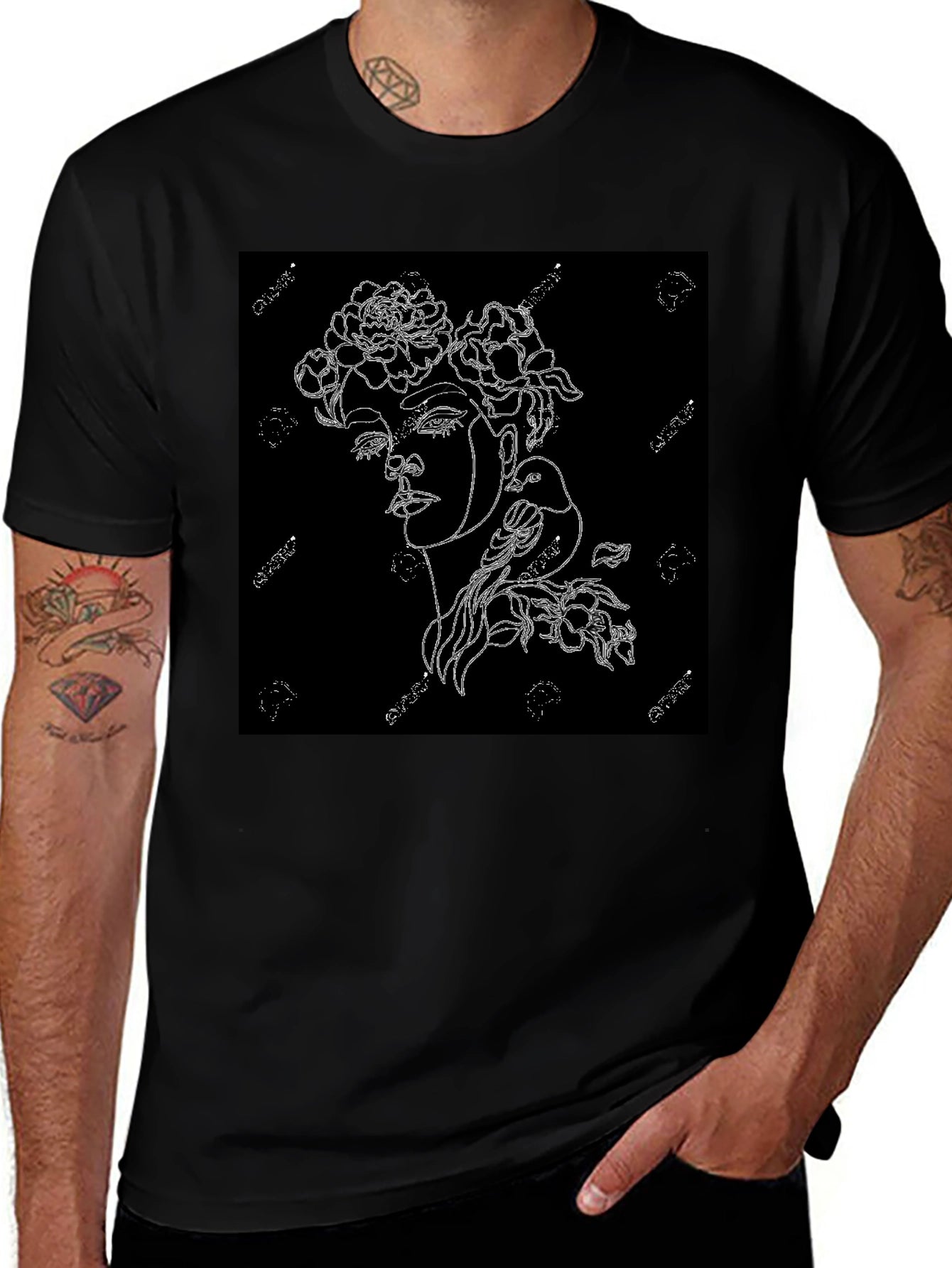 Black T-Shirt with Floral Woman Graphic