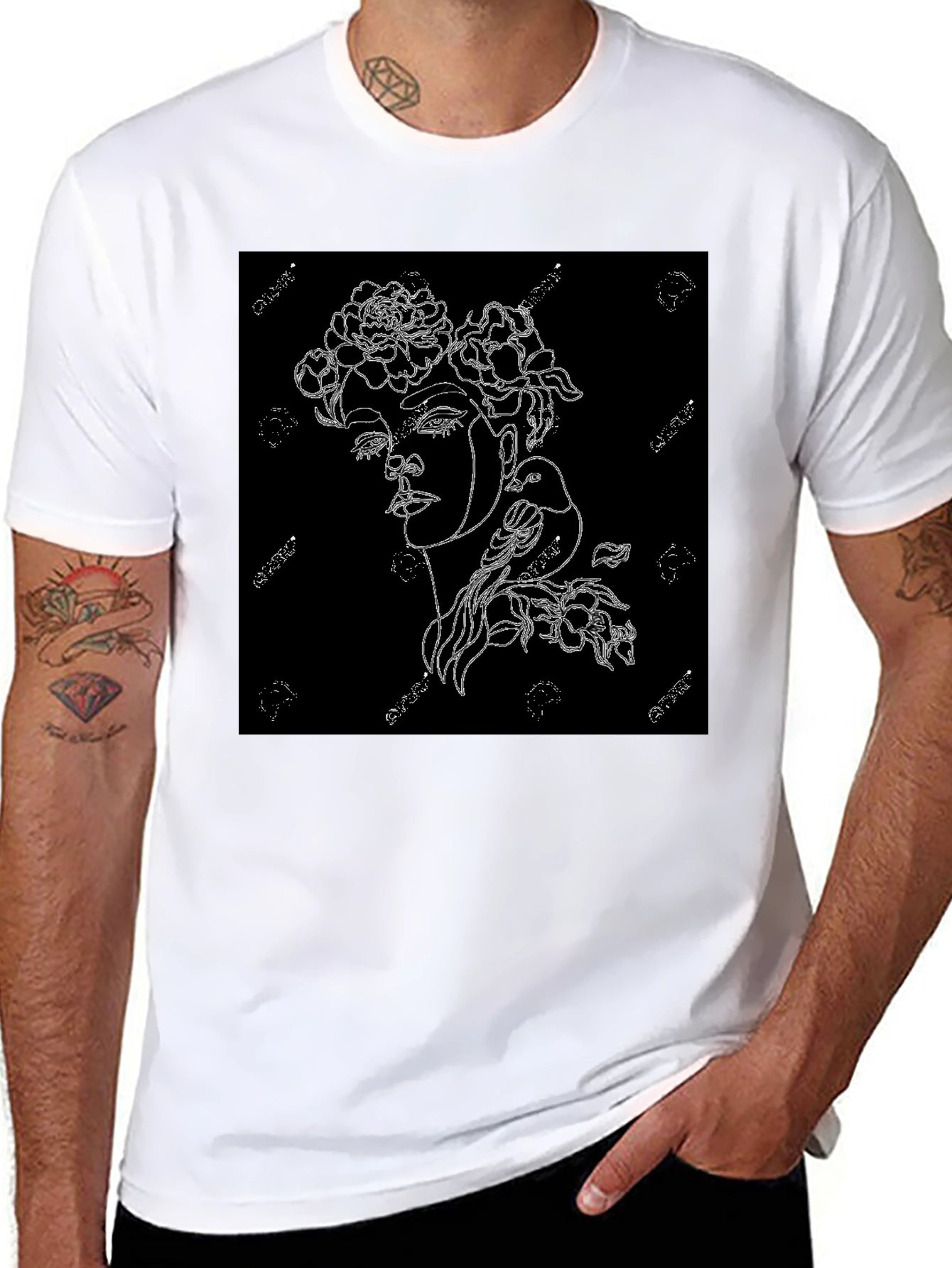 Black T-Shirt with Floral Woman Graphic
