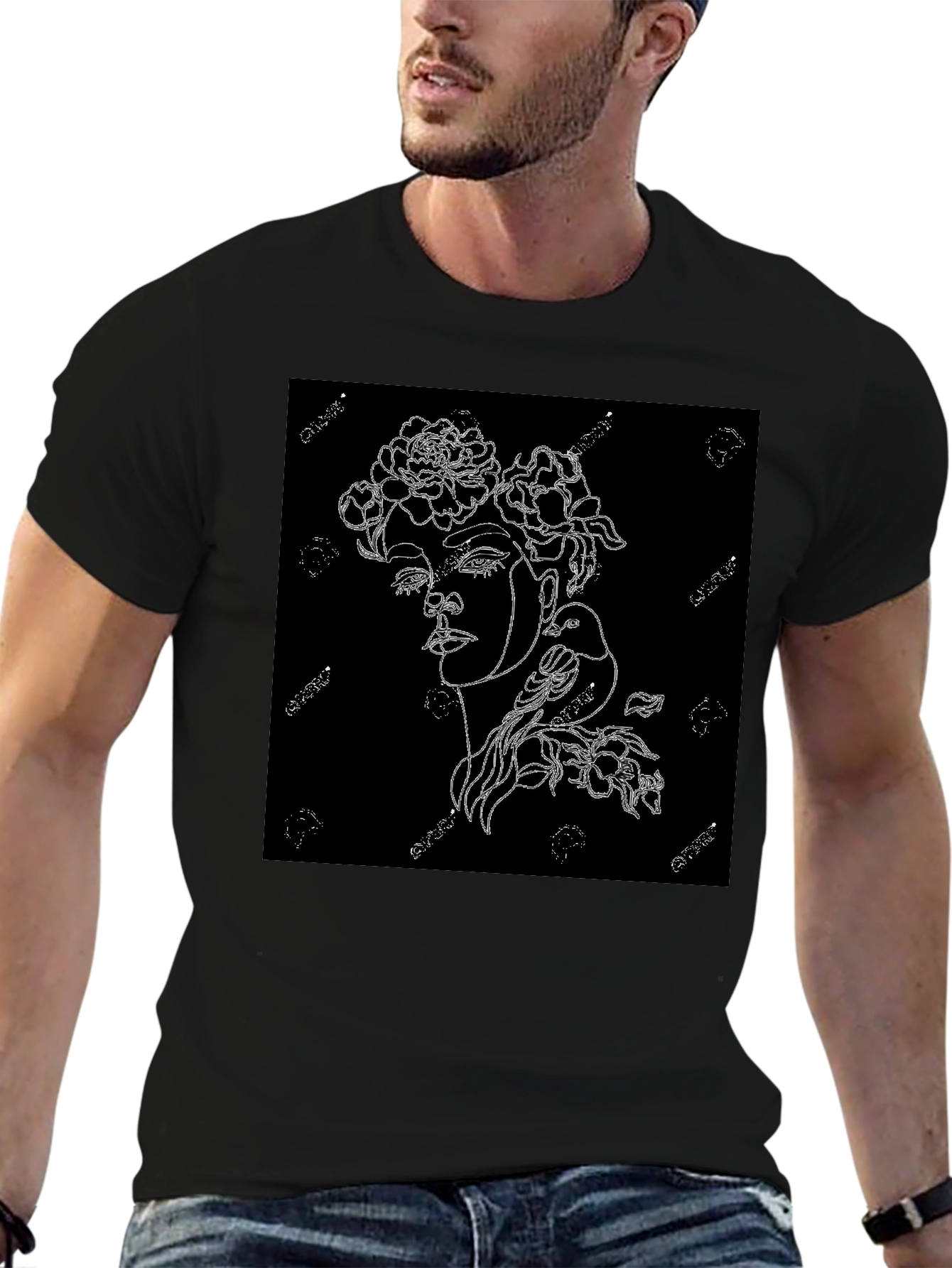 Black T-Shirt with Floral Woman Graphic