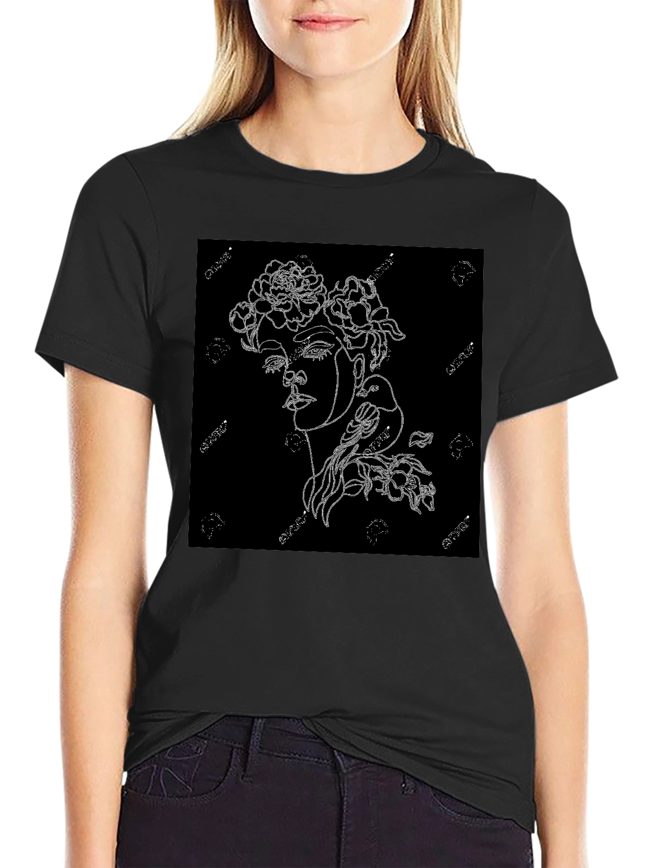 Black T-Shirt with Floral Woman Graphic