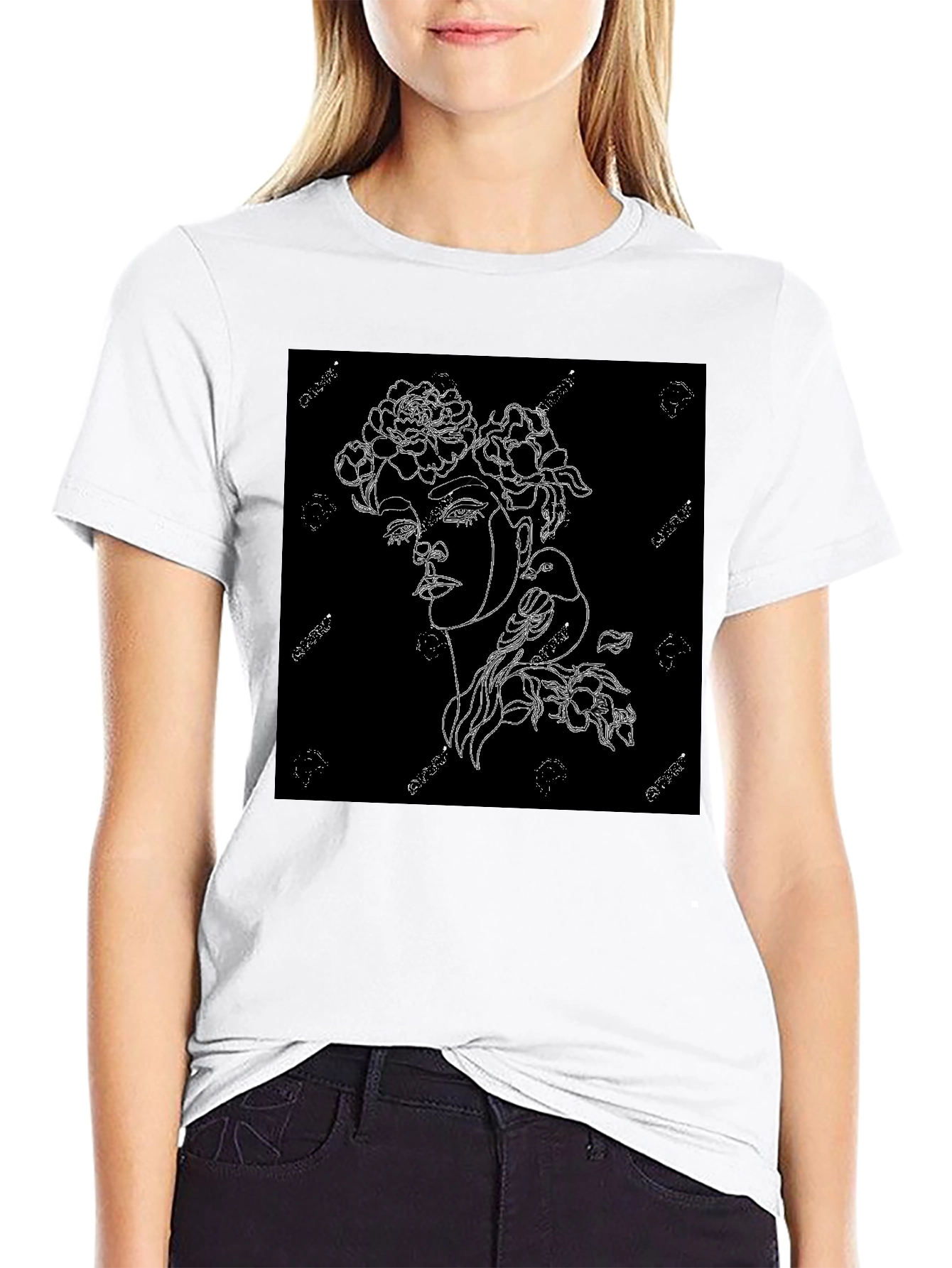 Black T-Shirt with Floral Woman Graphic