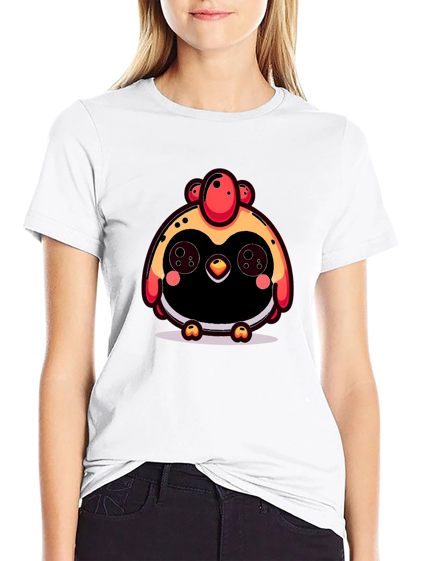Cute Cartoon Chicken Graphic Black T-Shirt