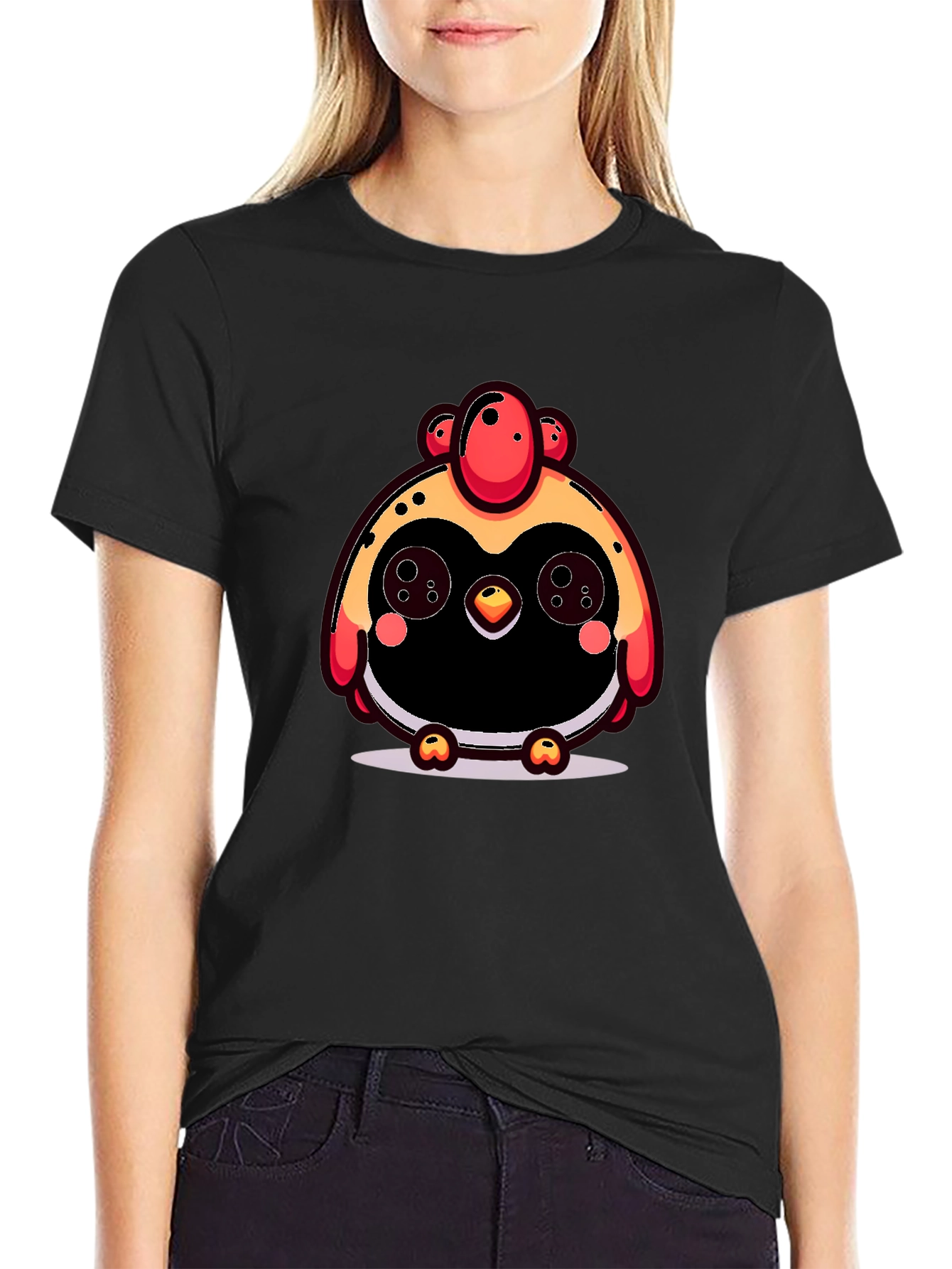 Cute Cartoon Chicken Graphic Black T-Shirt