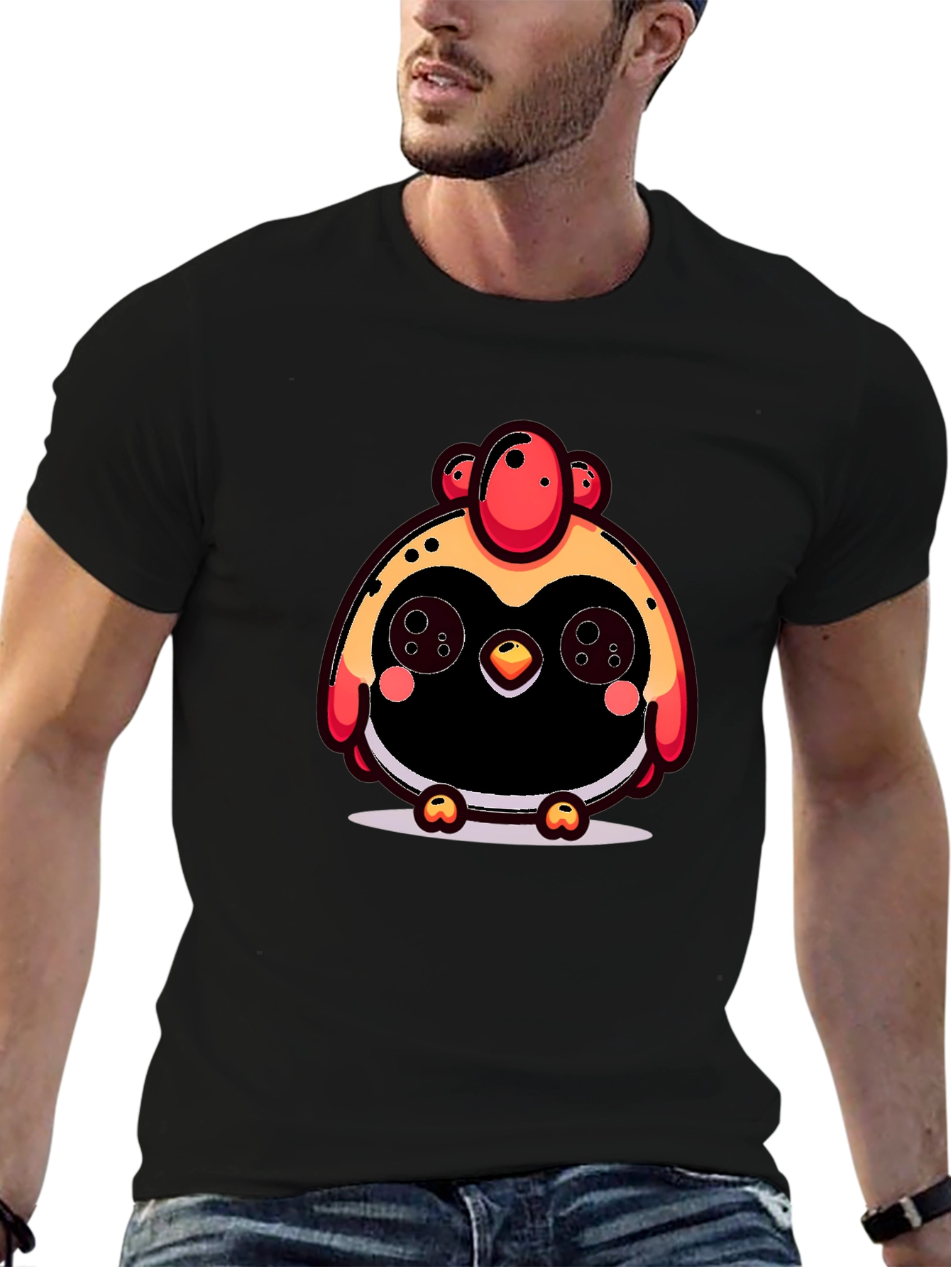 Cute Cartoon Chicken Graphic Black T-Shirt