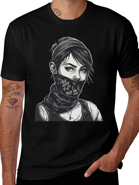 Edgy Graphic Tee: Bandit Girl Portrait on Black Cotton Shirt