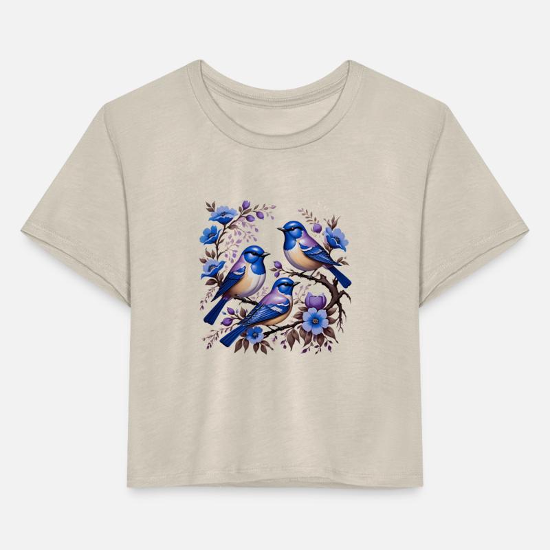 Three blue songbirds and flowers