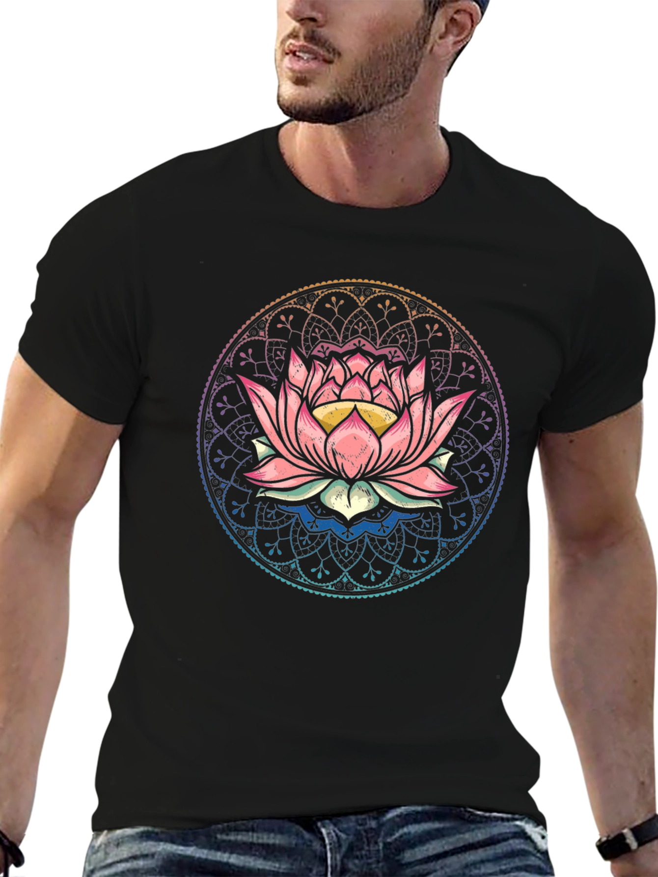 Lotus Mandala Graphic Tee - Black Cotton Comfort