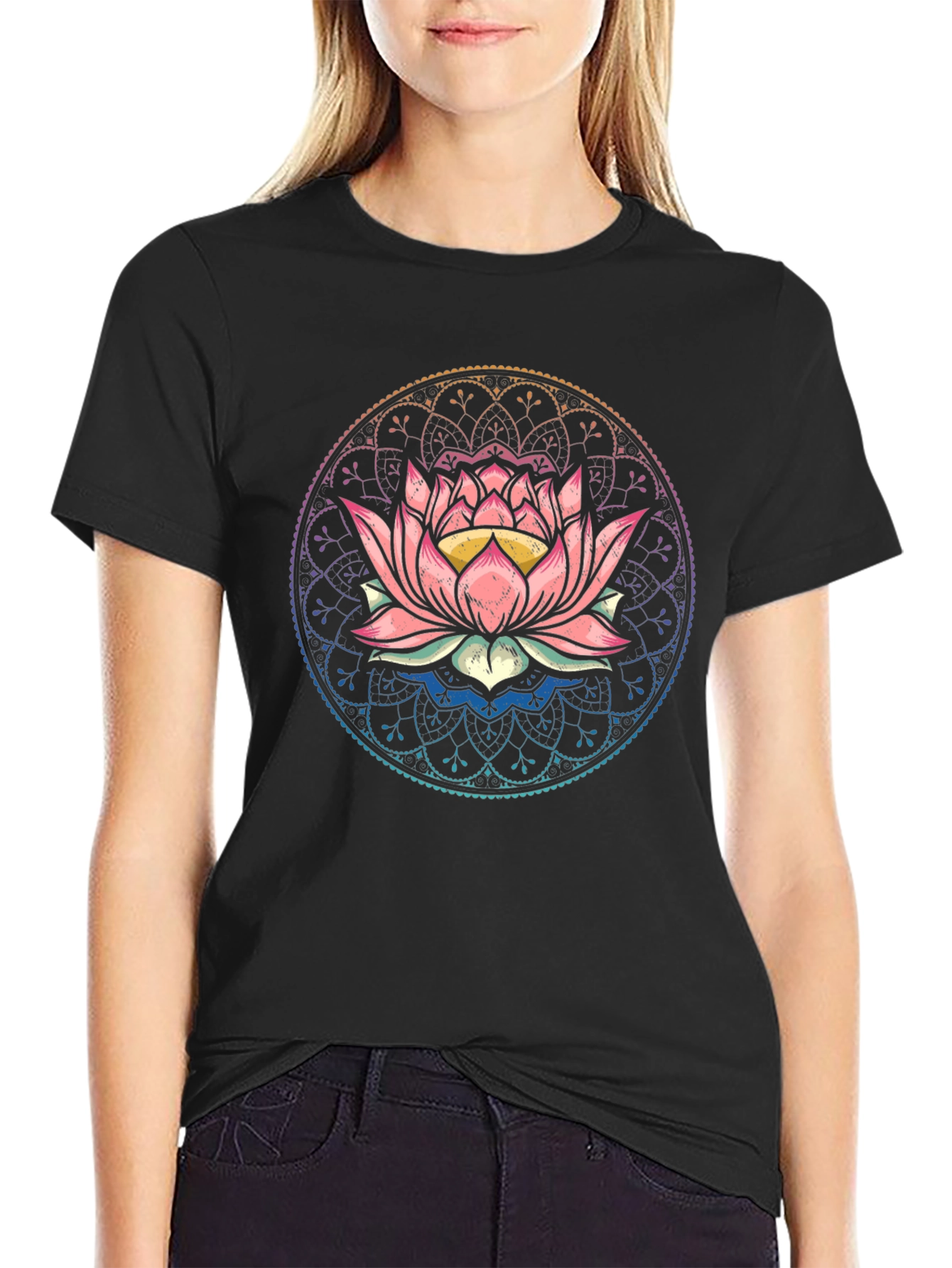 Lotus Mandala Graphic Tee - Black Cotton Comfort