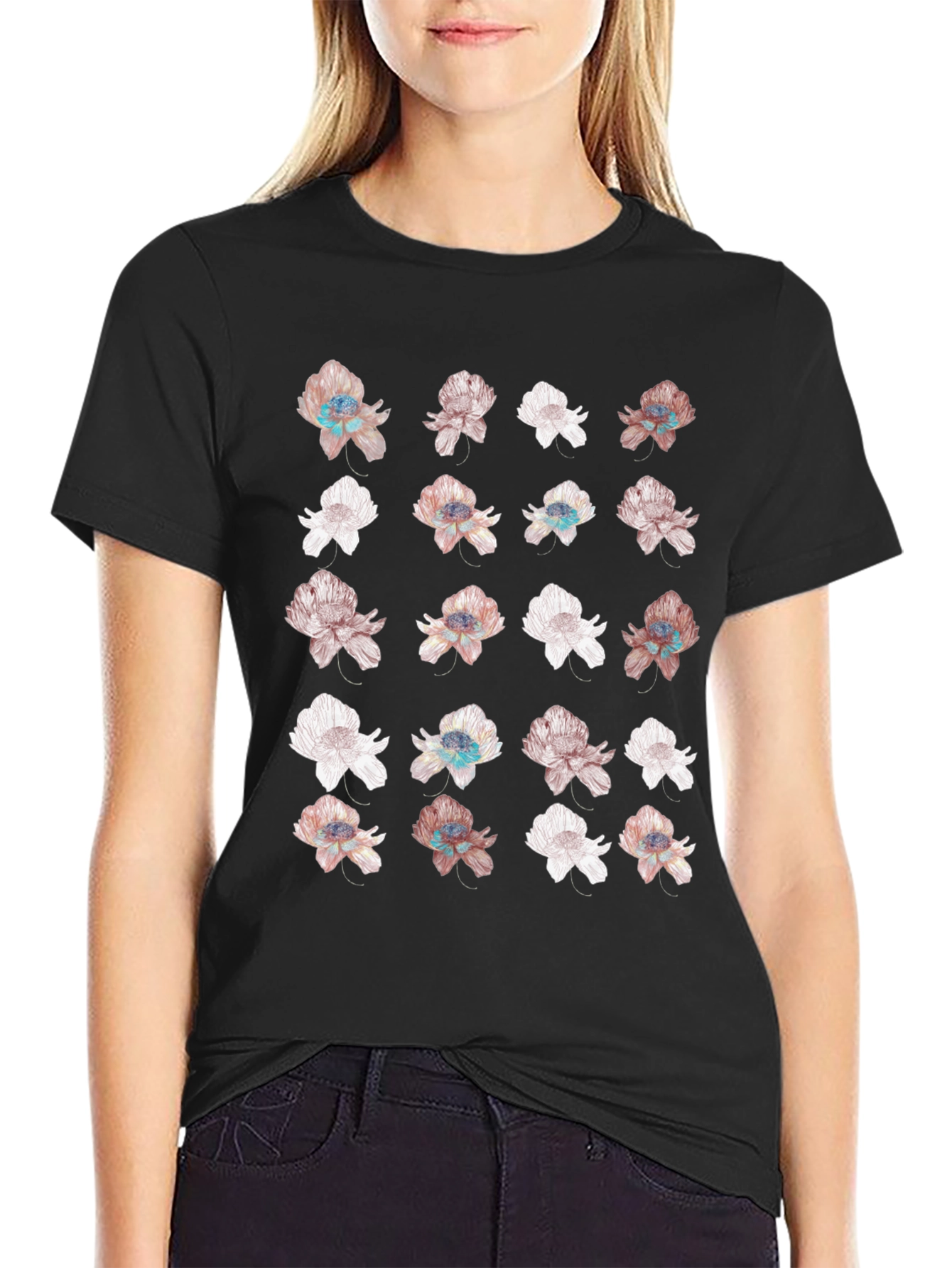 Floral Print Black T-Shirt - Unique Design