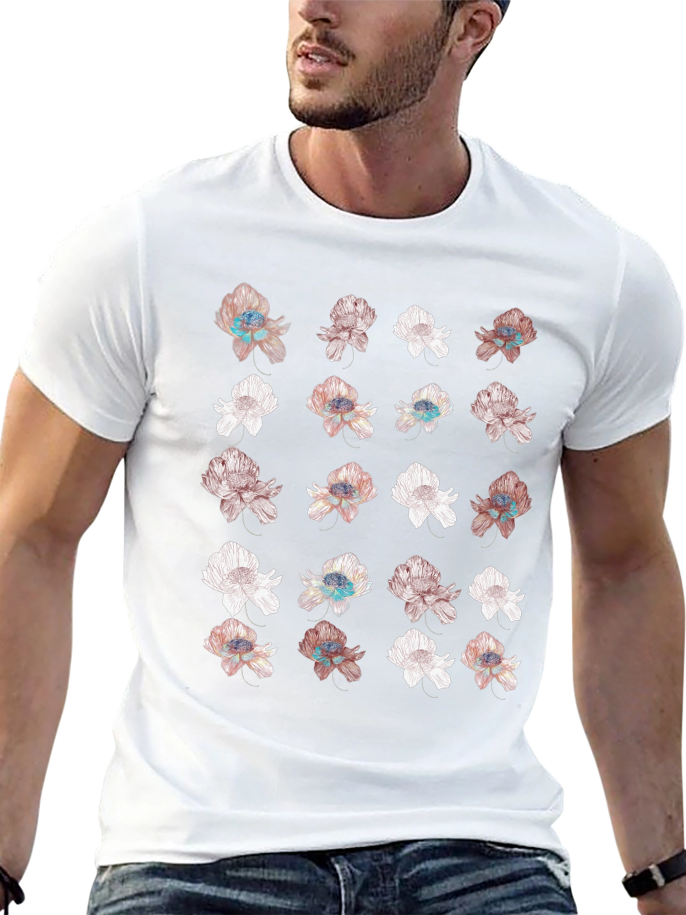 Floral Print Black T-Shirt - Unique Design