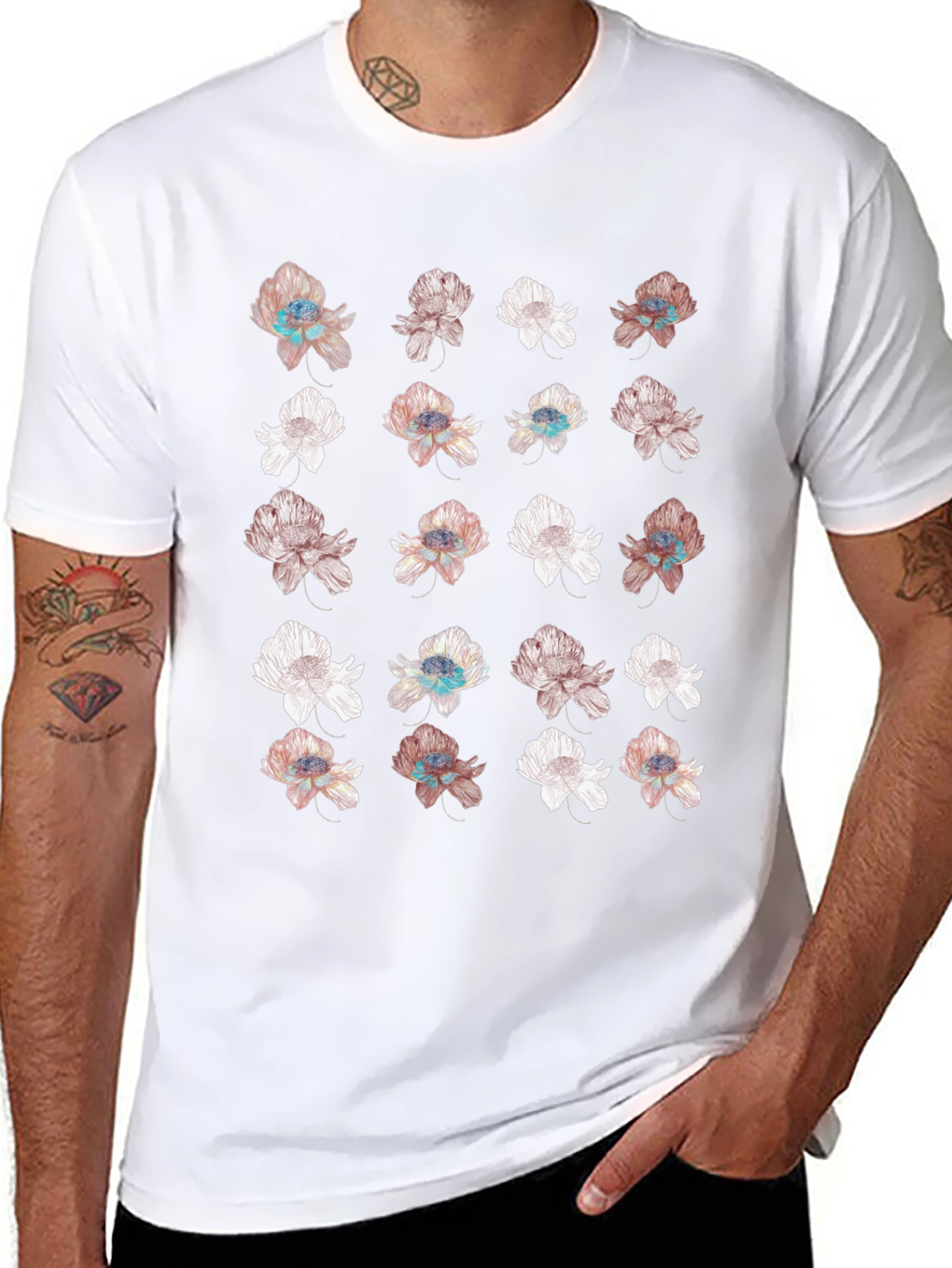 Floral Print Black T-Shirt - Unique Design