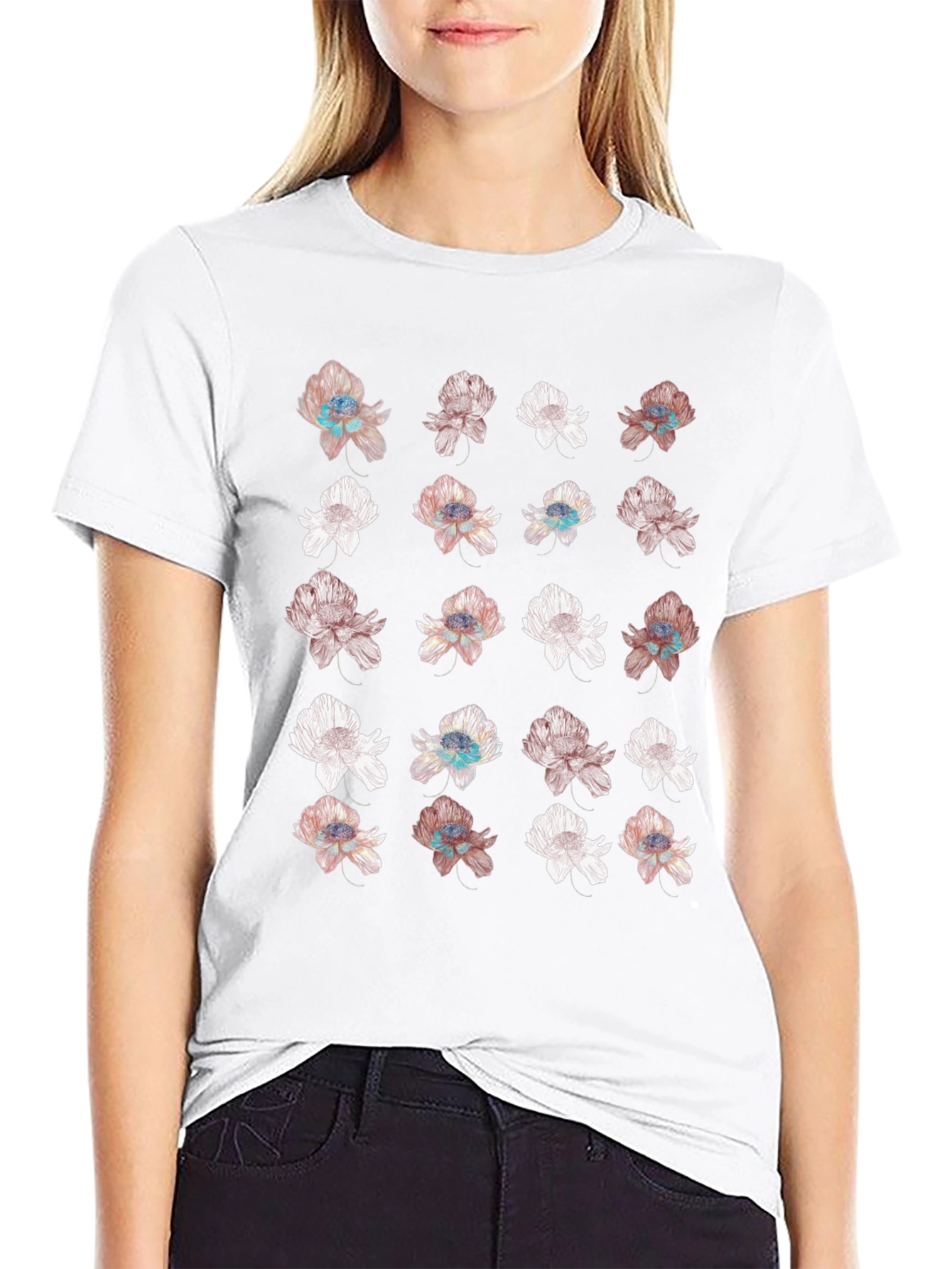 Floral Print Black T-Shirt - Unique Design