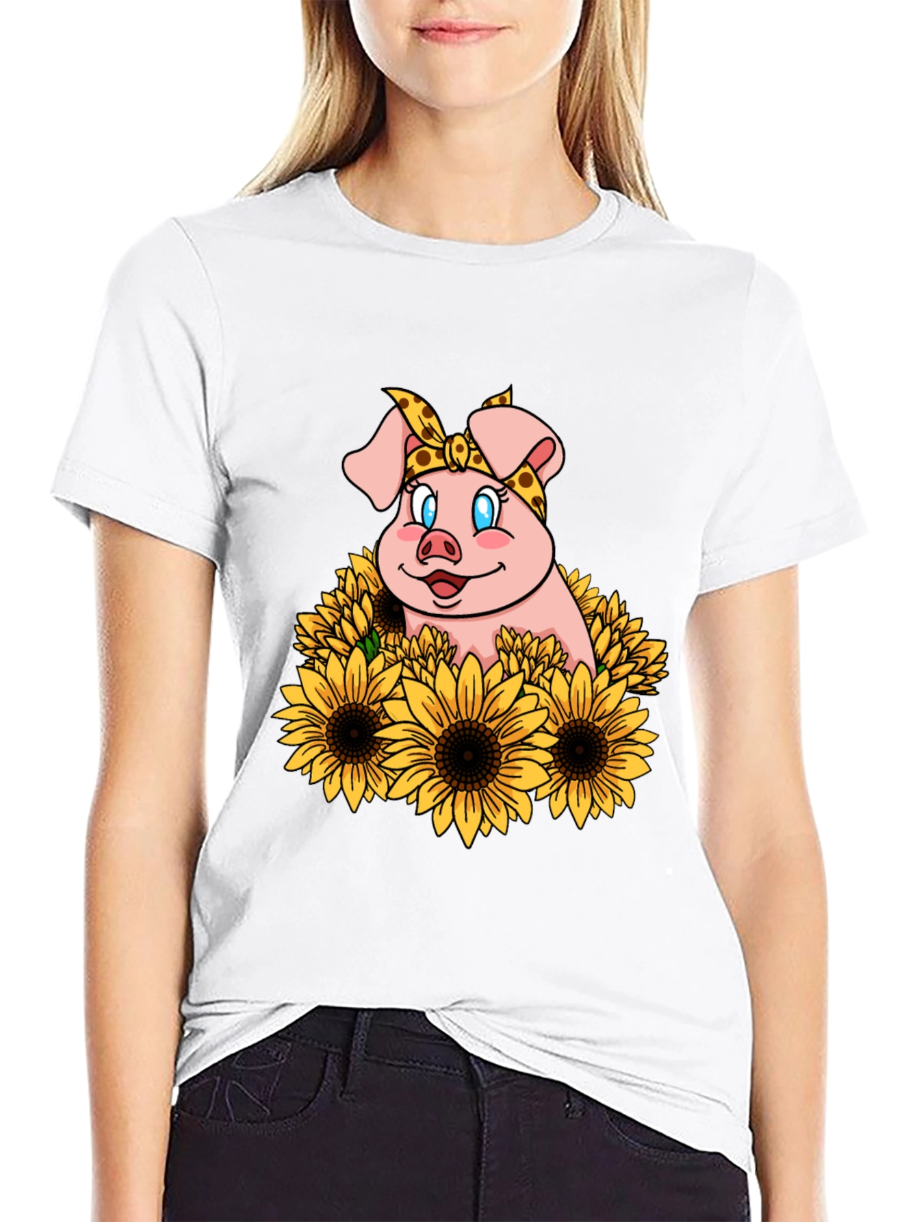 Cute Pig Sunflower Graphic T-Shirt