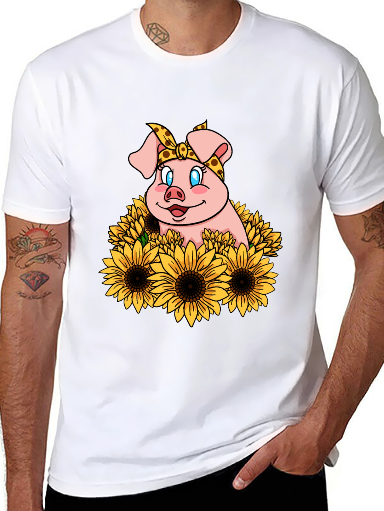 Cute Pig Sunflower Graphic T-Shirt