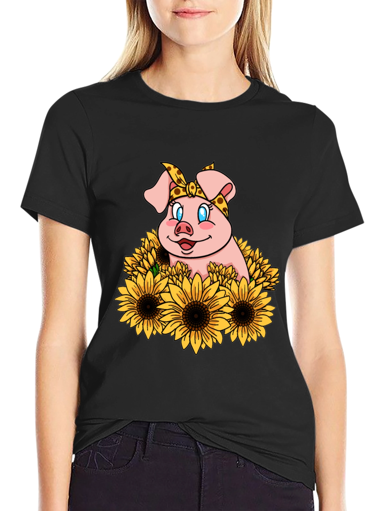 Cute Pig Sunflower Graphic T-Shirt