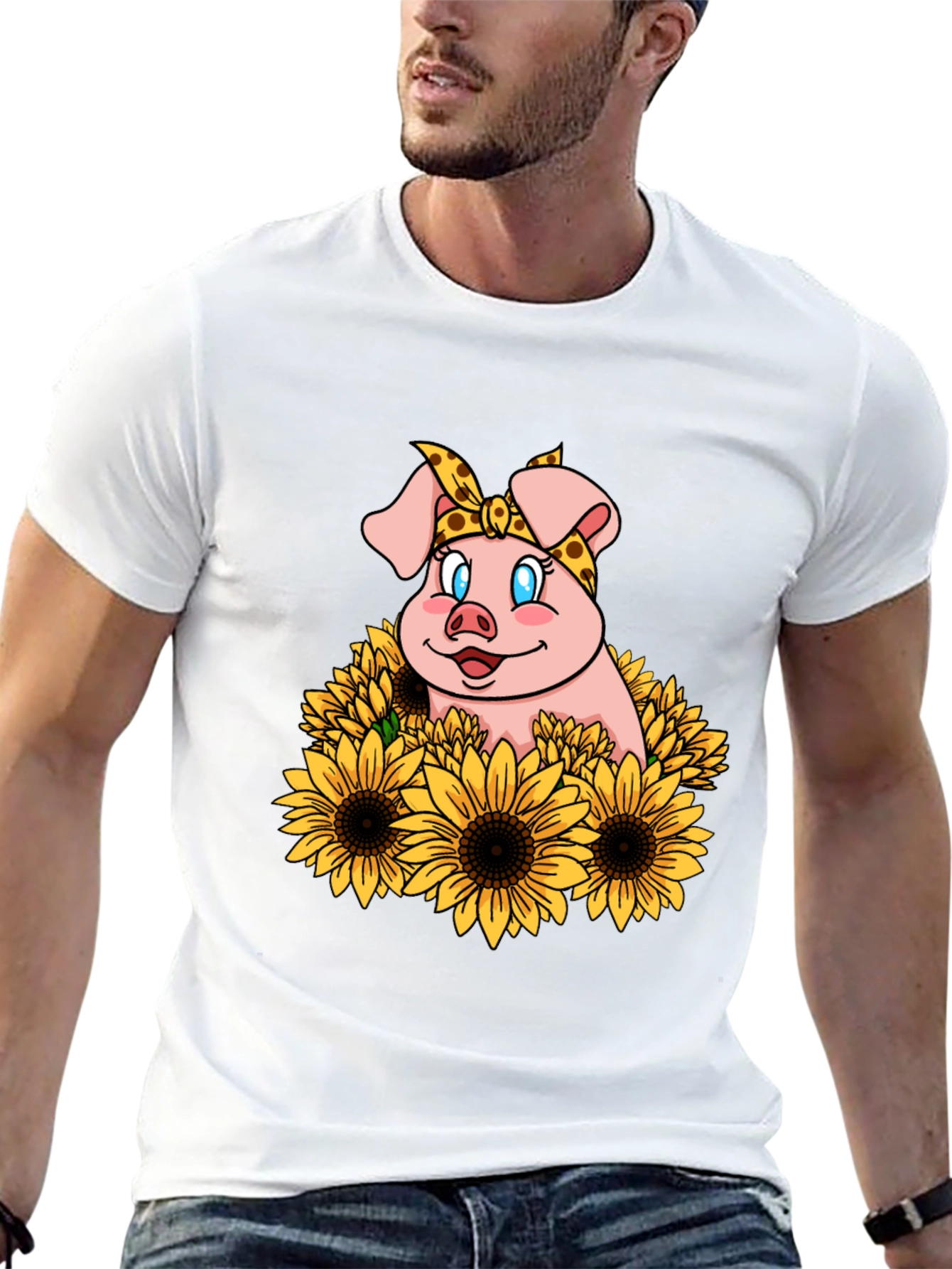 Cute Pig Sunflower Graphic T-Shirt